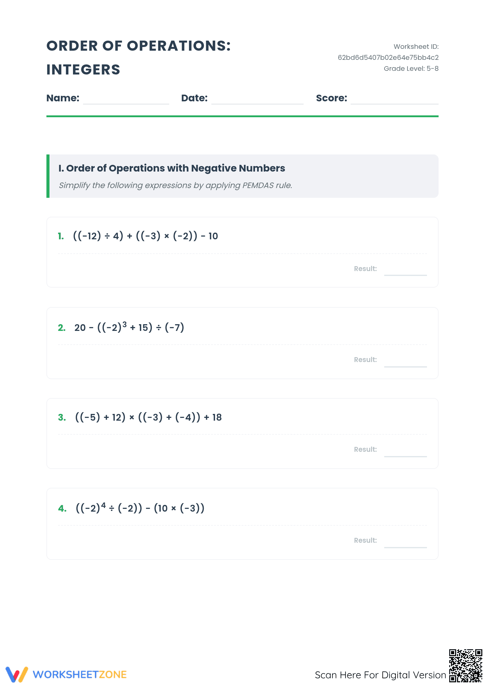 Integer Order of Operations Worksheet | Grade 6 Essential - Page 1