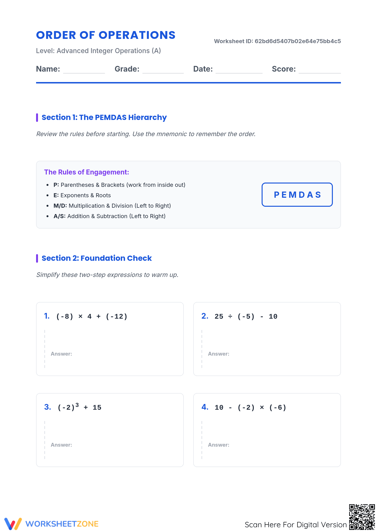 Essential Order of Operations with Integers | Grade 7 - Page 1