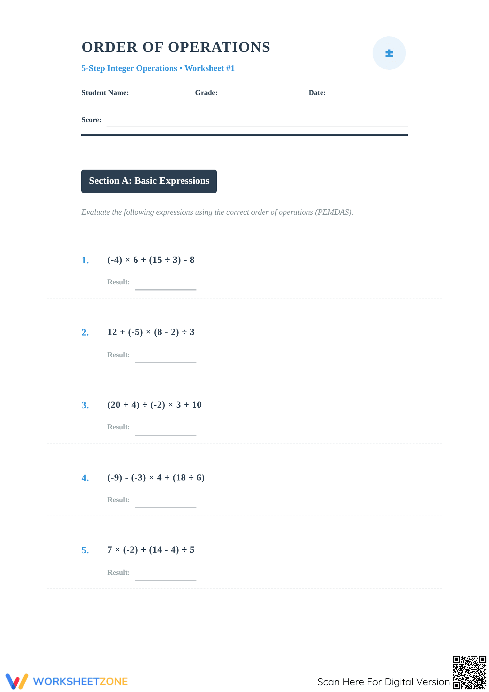 Order of Operations Integer Worksheet | Grade 7 Essential - Page 1