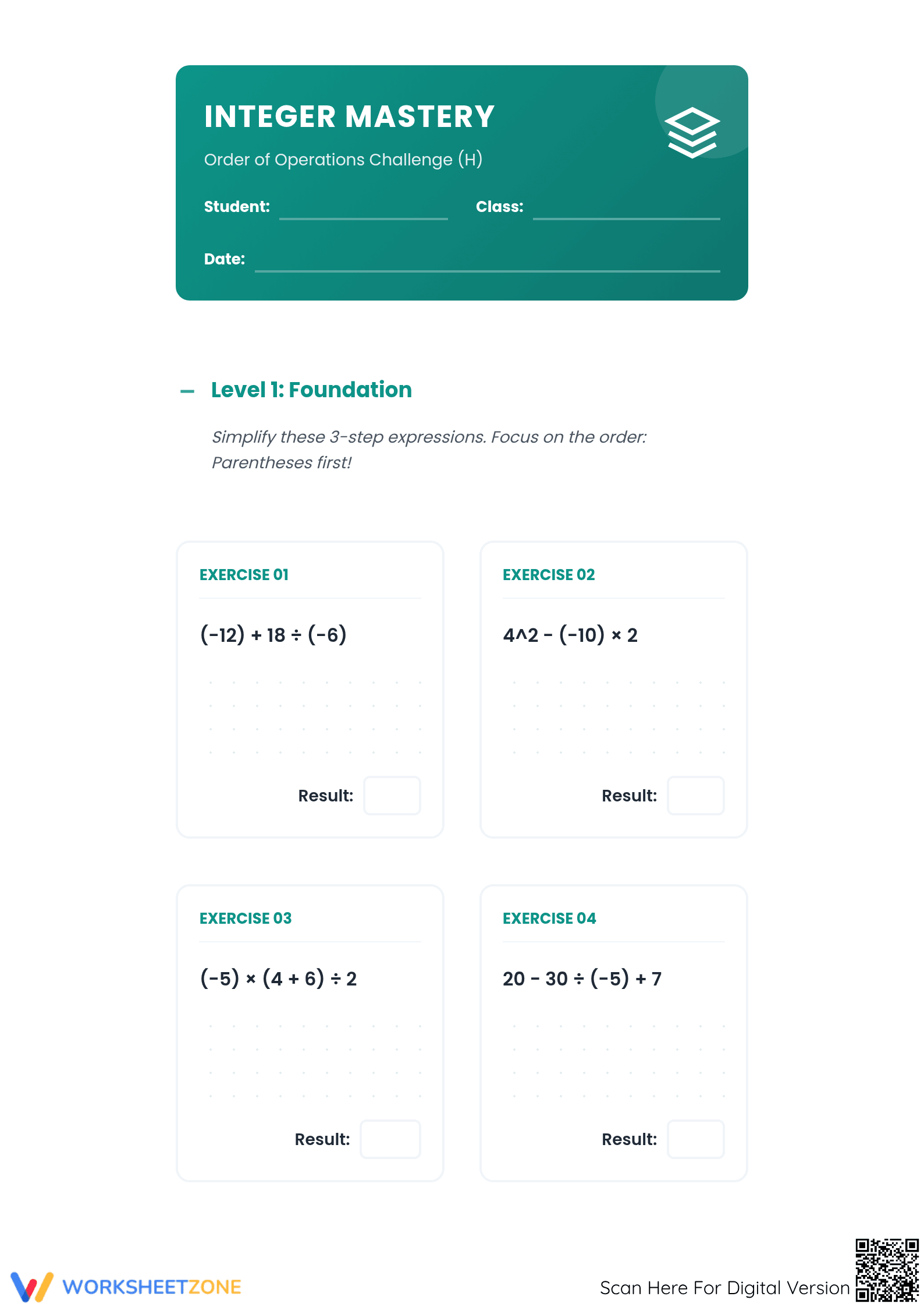 Order of Operations with Integers Worksheet | Essential Practice - Page 1