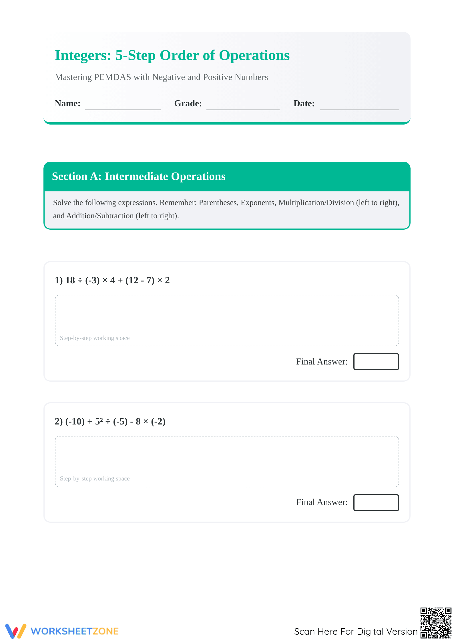 Printable Order of Operations with Integers | Grade 7 Math - Page 1
