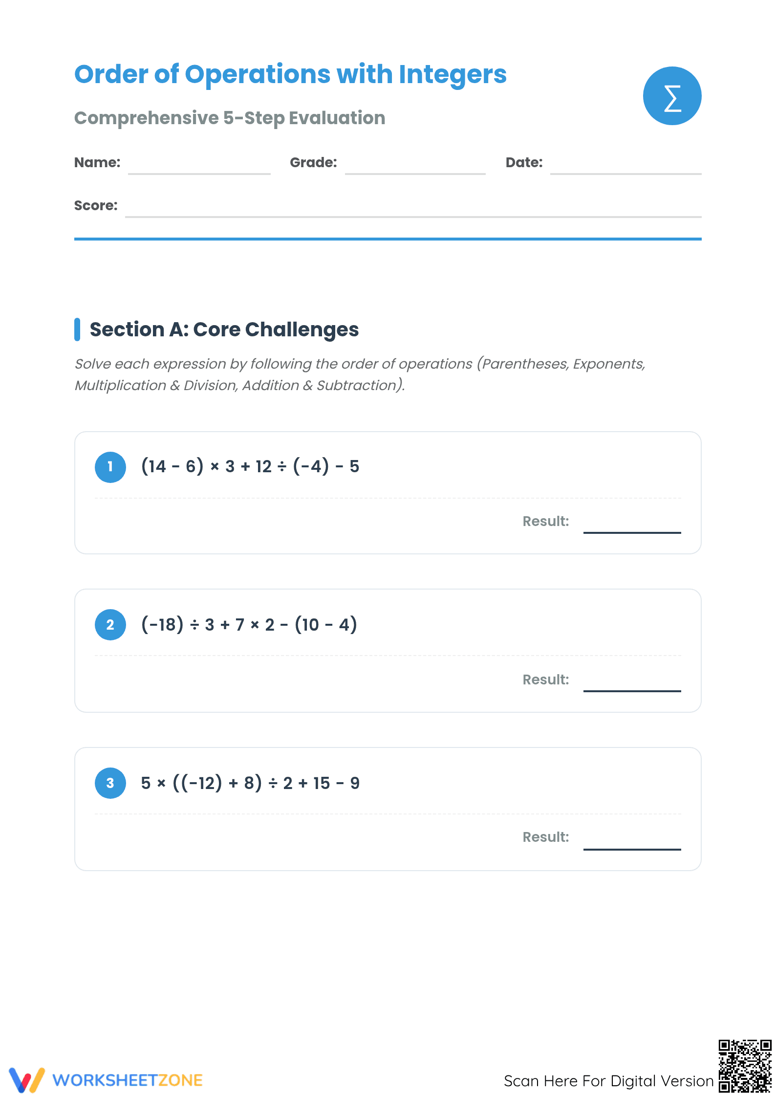 Essential Order of Operations with Integers Worksheet - Page 1