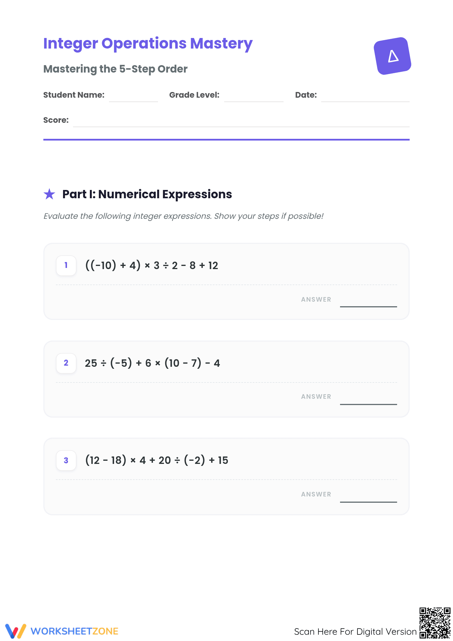 Essential Integer Operations Mastery Worksheet | Grade 7 - Page 1