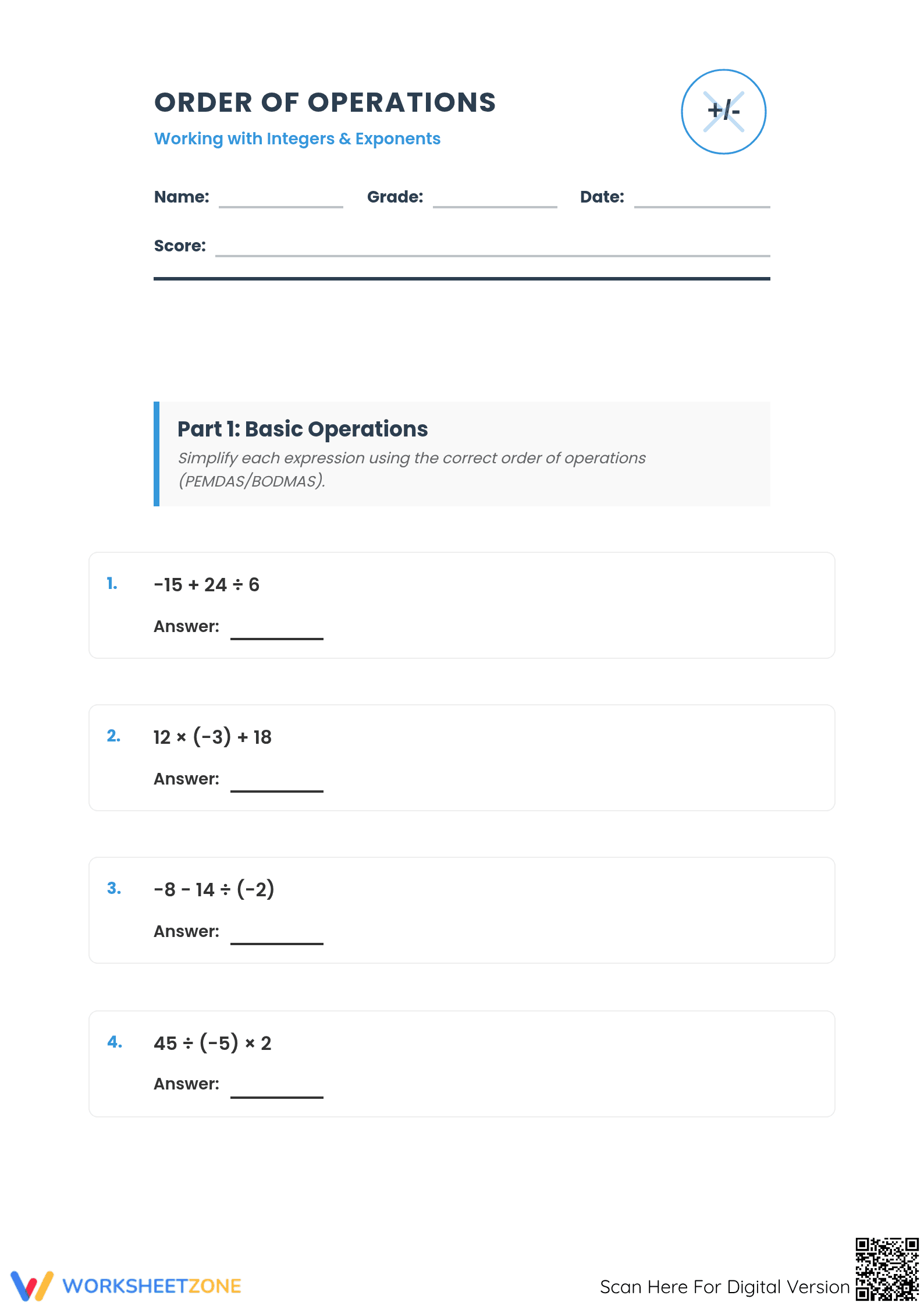 Order of Operations with Integers | Essential Grade 6 Math - Page 1