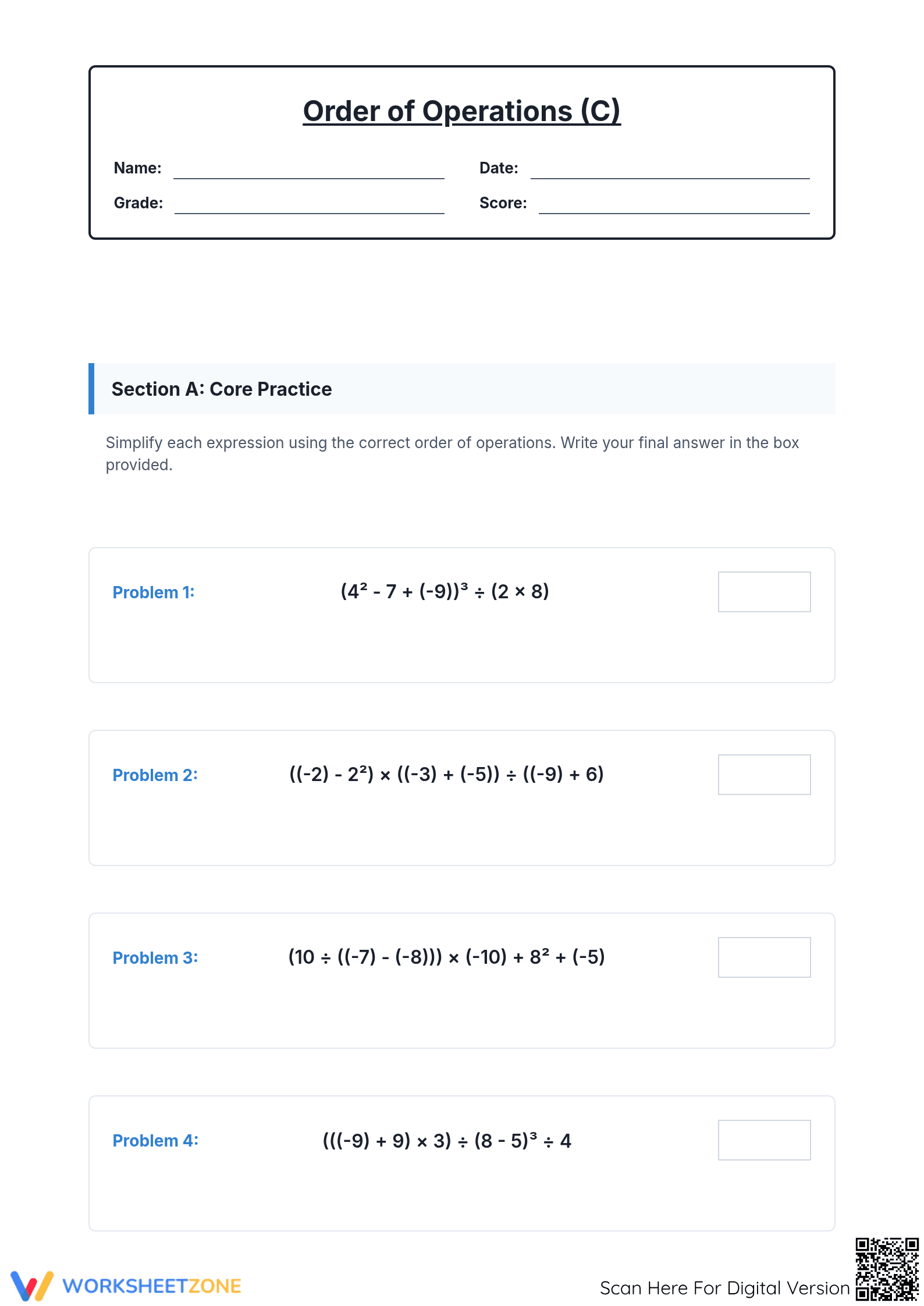 Essential Order of Operations with Integers | Grade 6-8 Math - Page 1