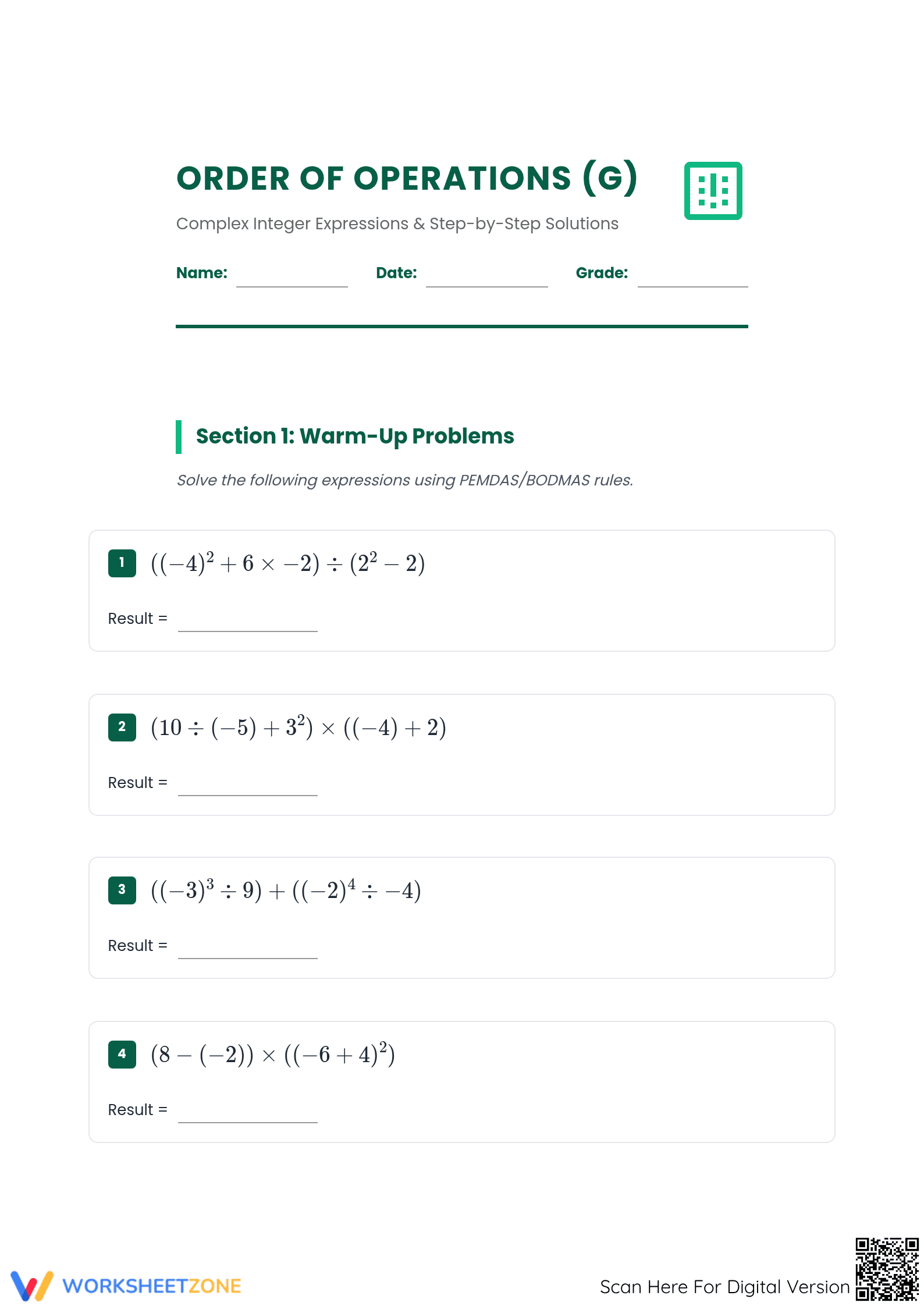 Order of Operations Integers Worksheet | Grade 7 Essential - Page 1