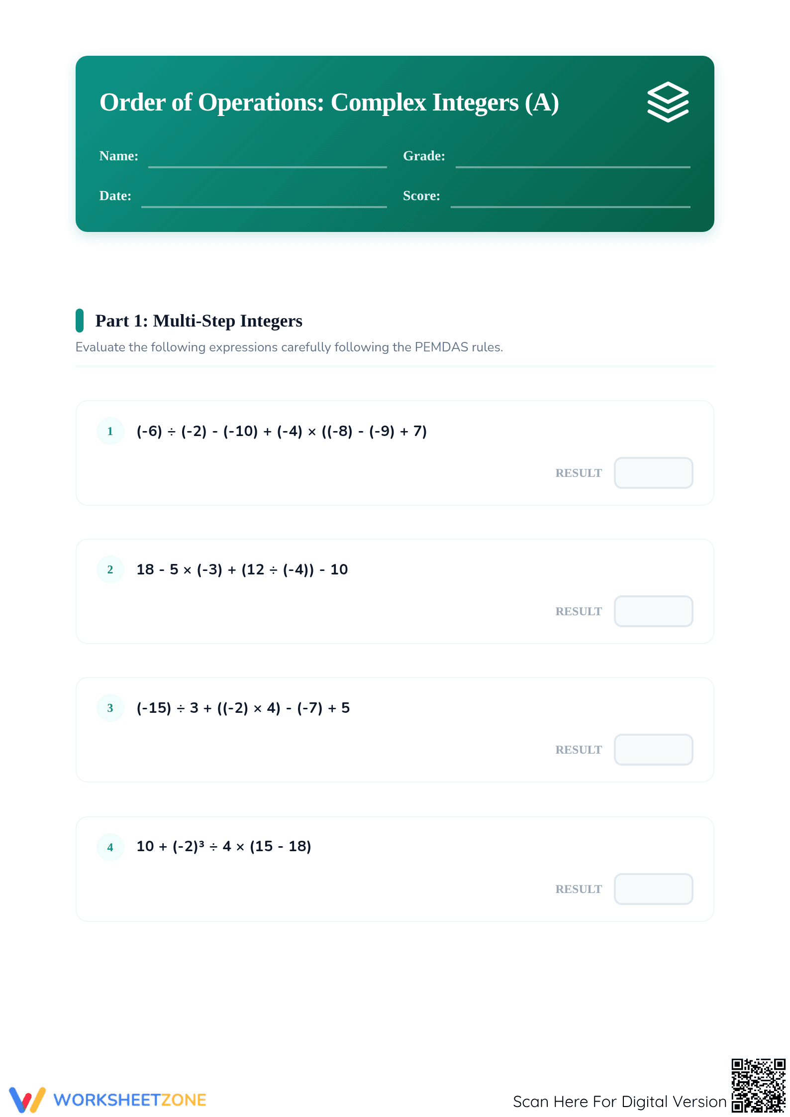 Printable Order of Operations with Integers | Grade 6-8 - Page 1