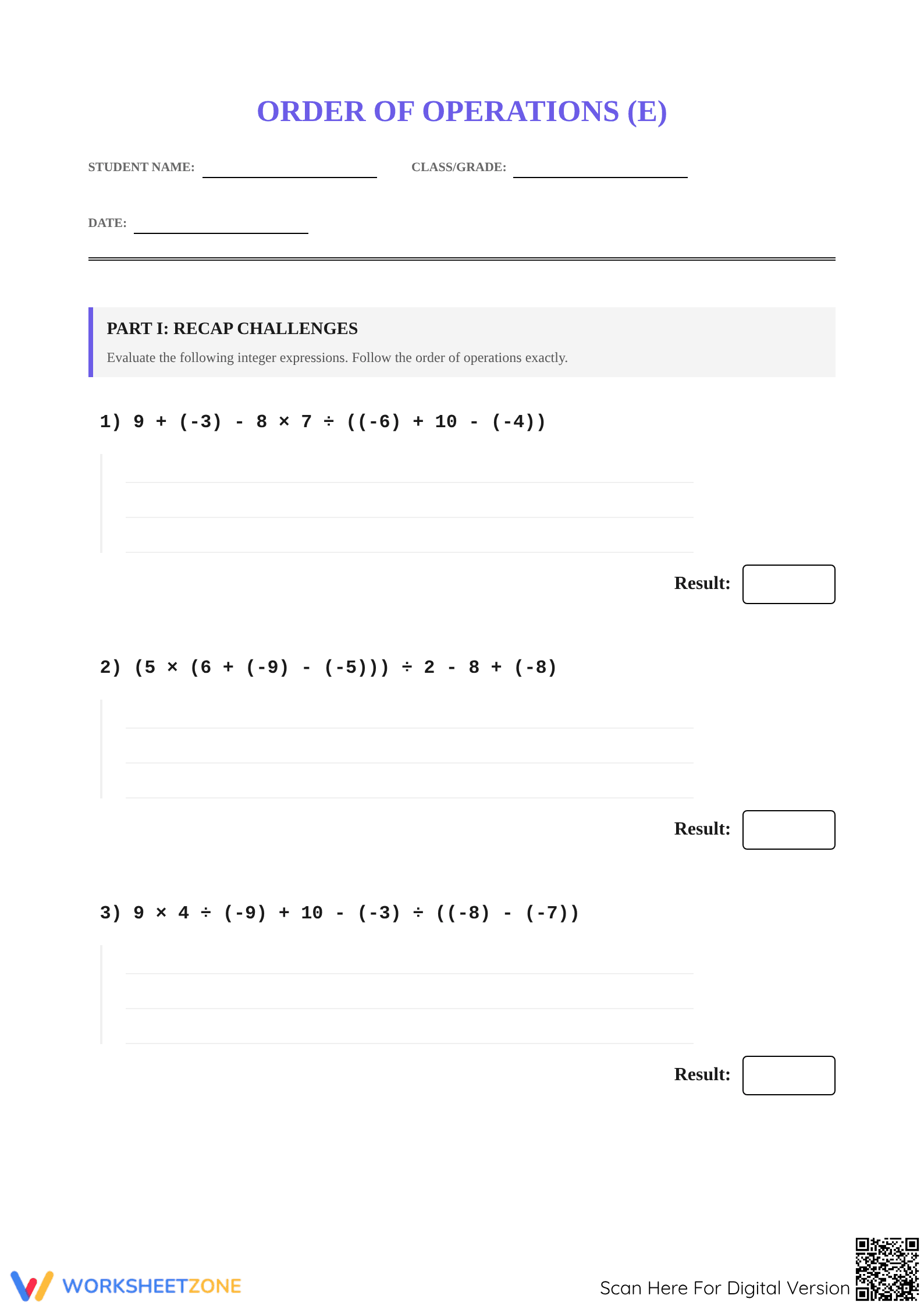 Essential Order of Operations with Integers Worksheet - Page 1