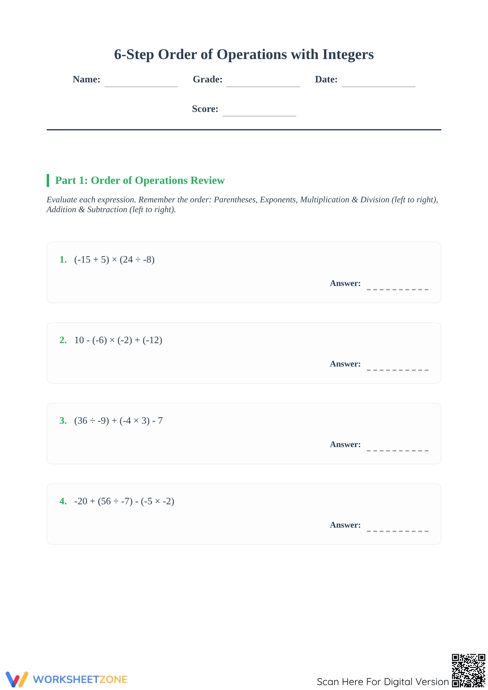 6-Step Order of Operations with Integers | Essential Math - Page 1