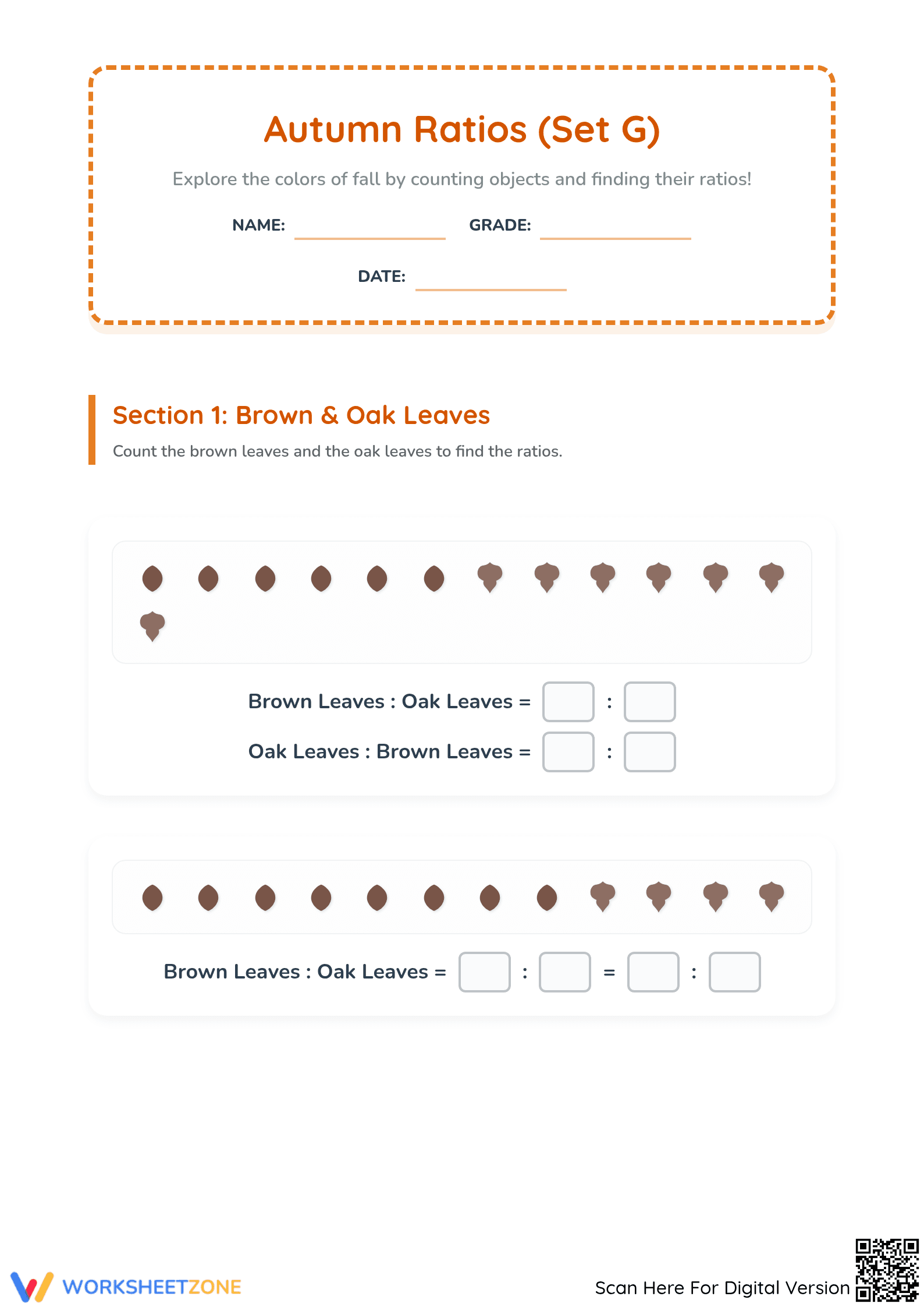 Essential Autumn Ratios Worksheet | Grade 3 Math Practice - Page 1