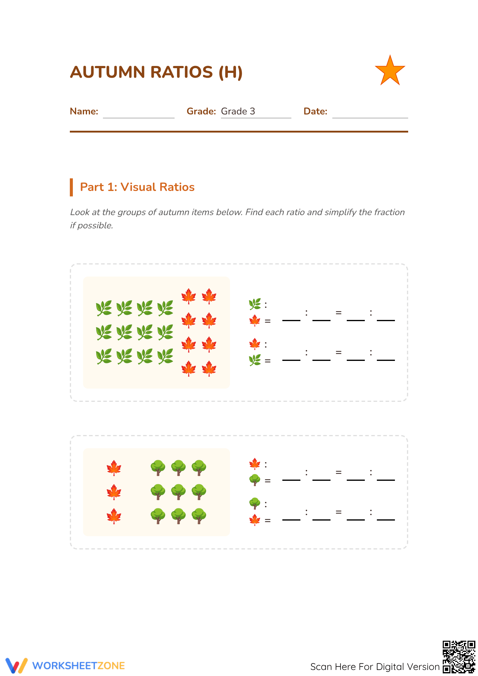 Essential Autumn Ratios Worksheet | Grade 3 Math Packet - Page 1