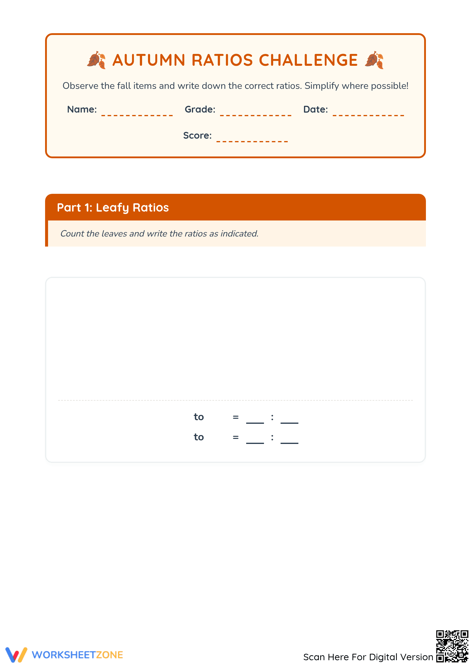 Essential Autumn Ratios Practice Worksheet | Grade 3 Math - Page 1