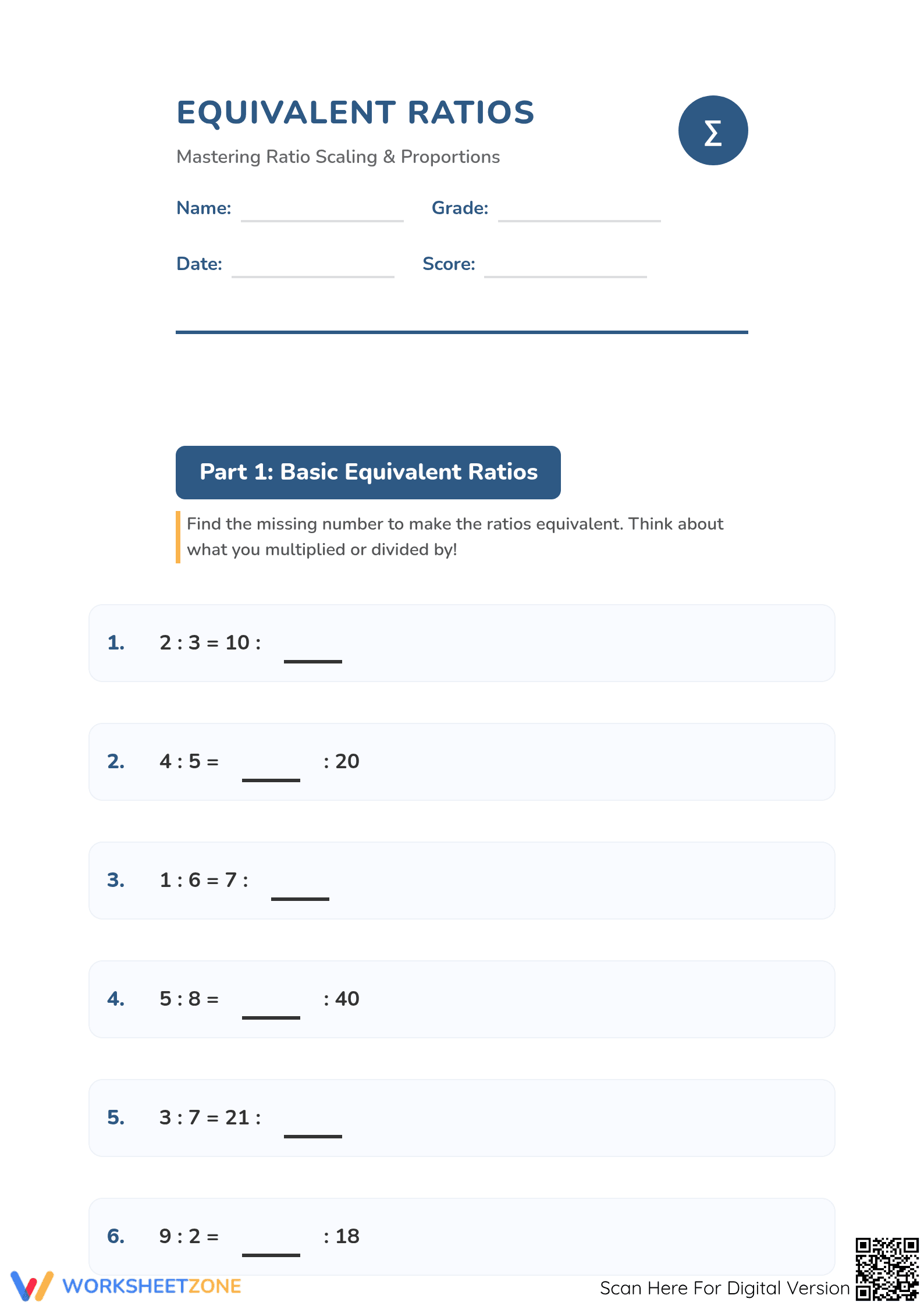 Essential Equivalent Ratios Worksheet | Grade 6 Math - Page 1