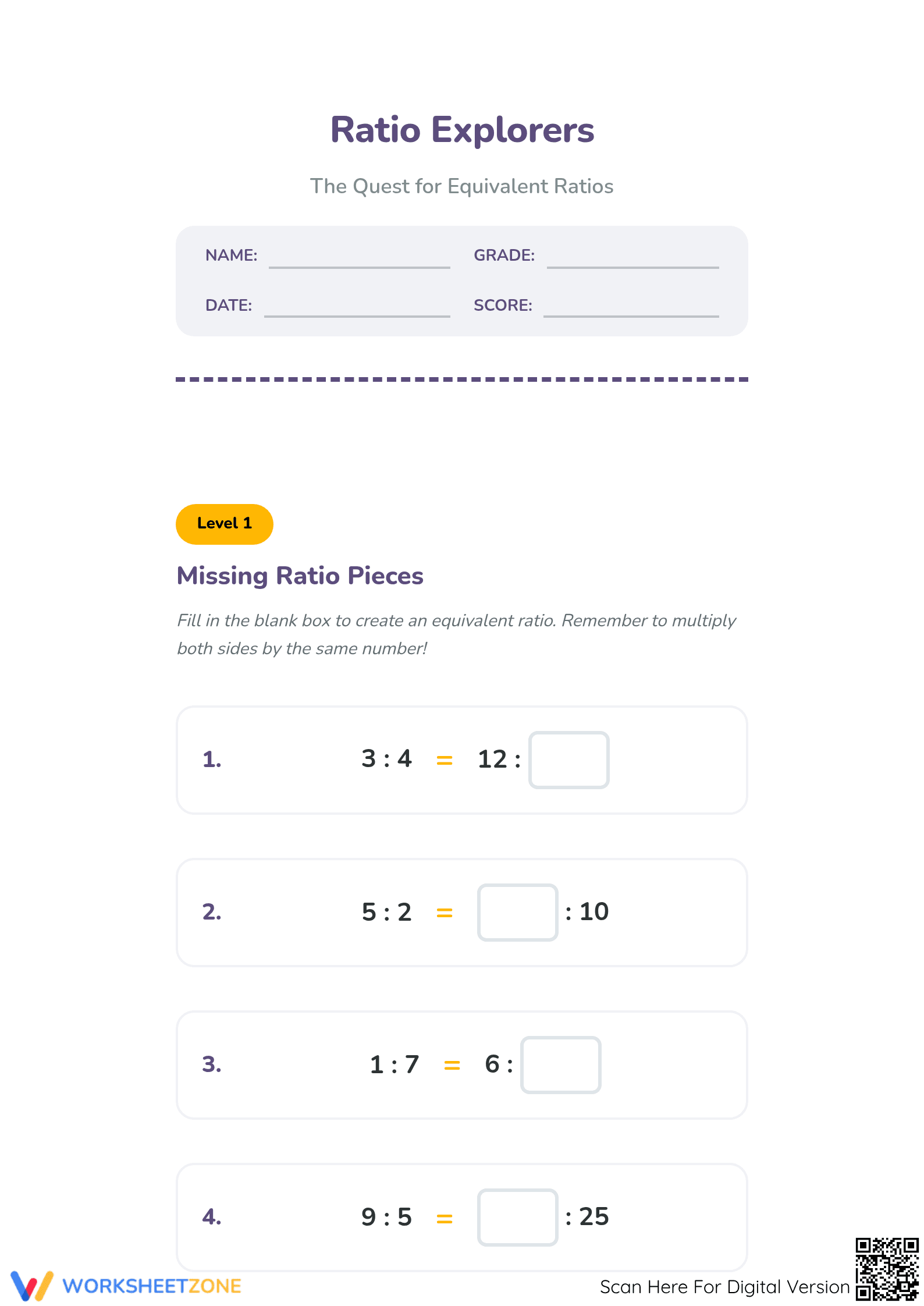 Complete Equivalent Ratios Worksheet | Grade 5-6 Math - Page 1