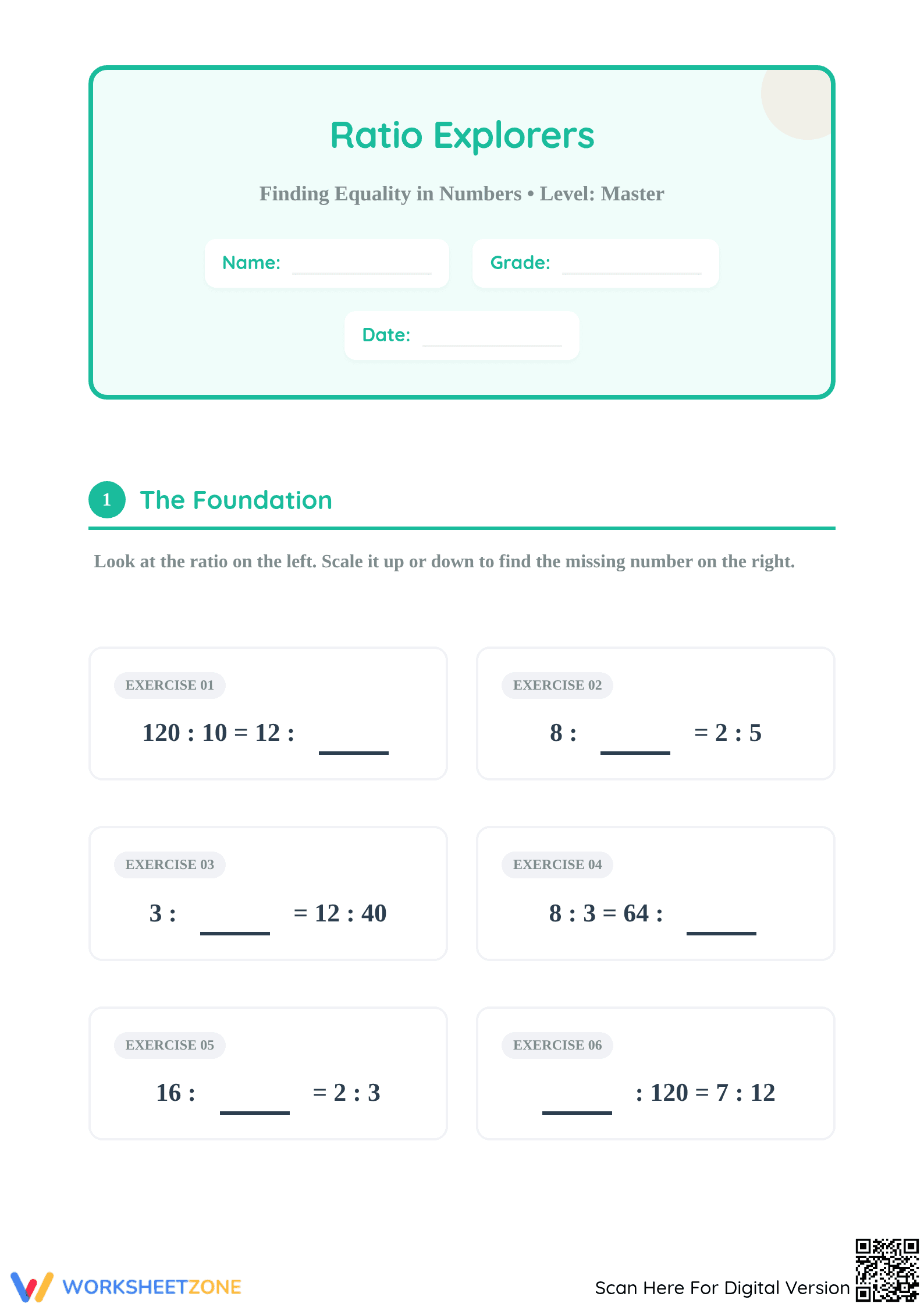 Essential Equivalent Ratio Worksheet | Grade 5 Math - Page 1