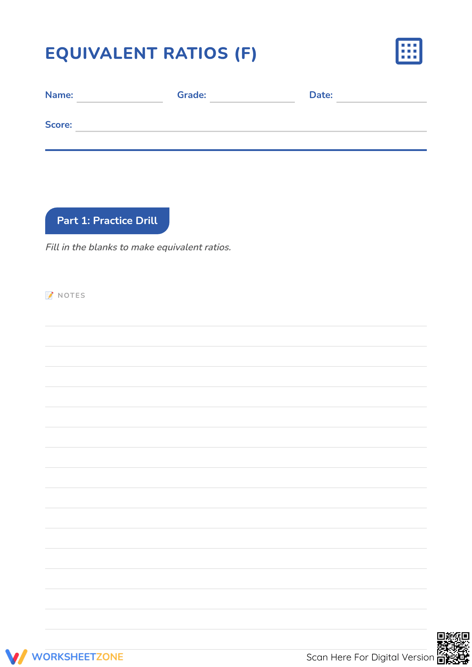 Essential Equivalent Ratios Worksheet | Grade 6 Math - Page 1