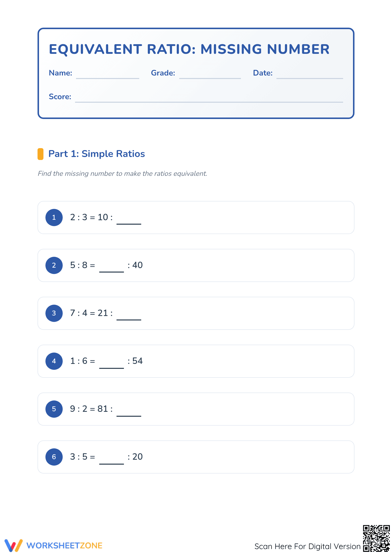 Essential Equivalent Ratio Worksheet | Grades 3-5 Math - Page 1