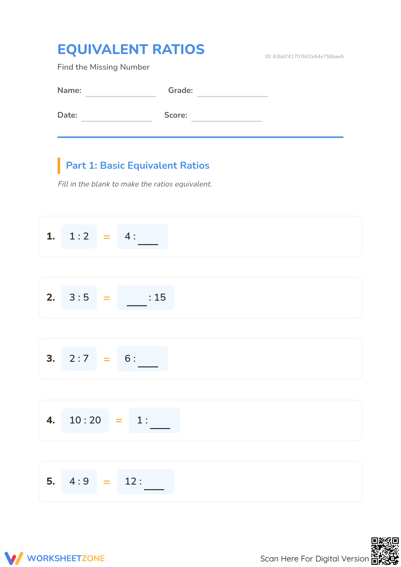 Printable Equivalent Ratios Worksheet | Grade 6 Math - Page 1