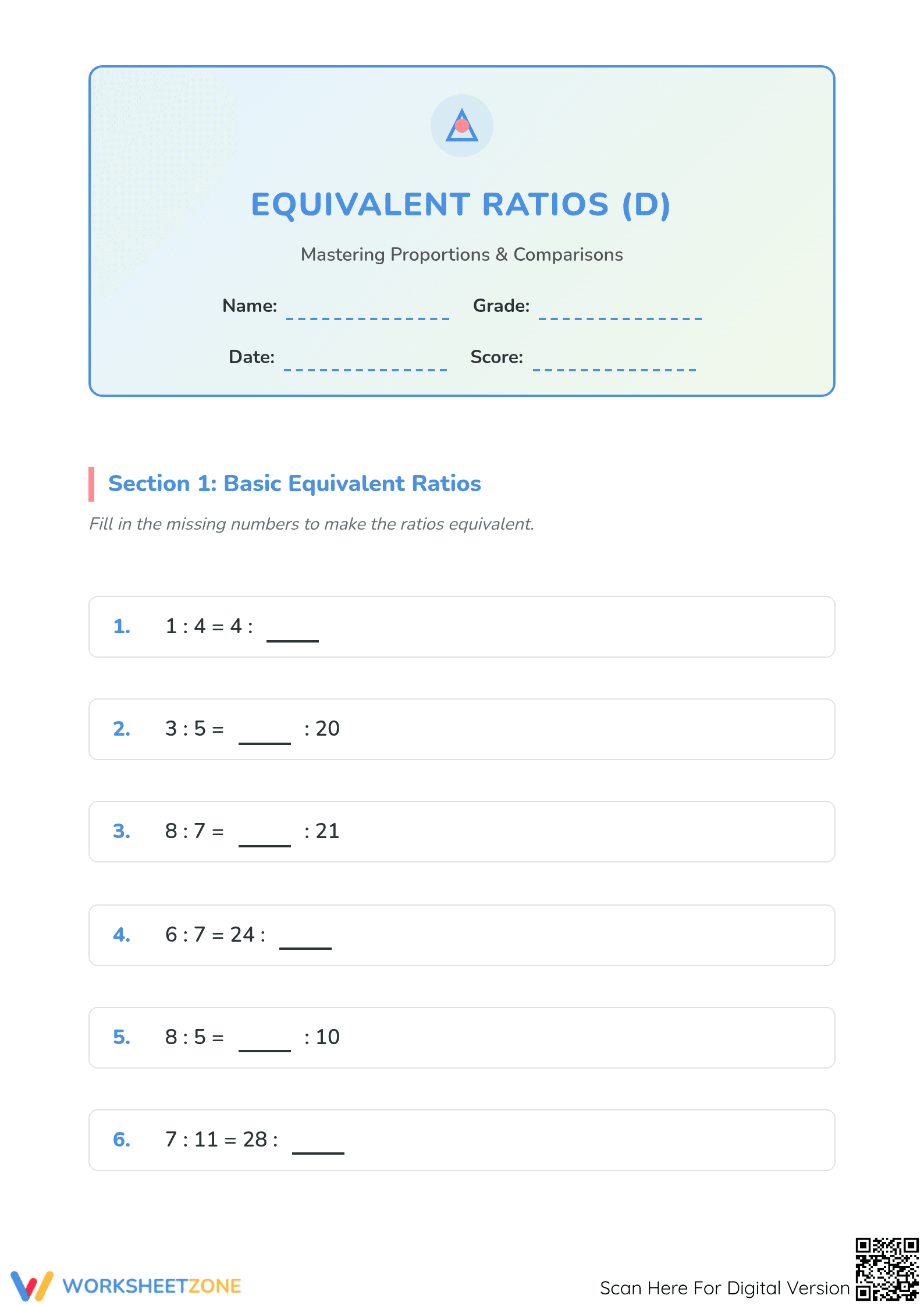 Printable Equivalent Ratio Worksheet | Grade 5 Math Guide - Page 1
