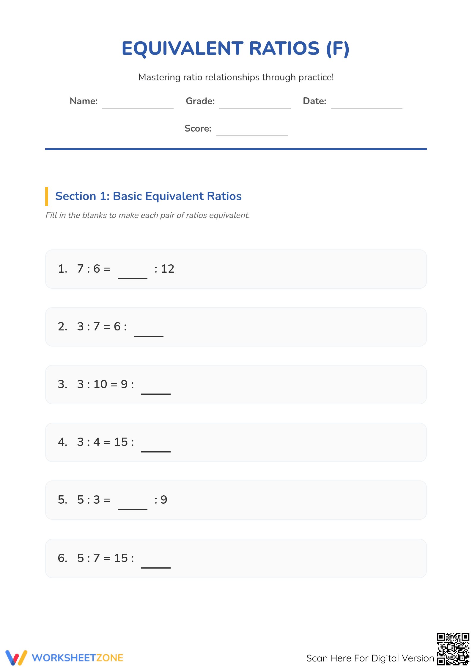 Essential Equivalent Ratios Worksheet | Grade 5 Math - Page 1
