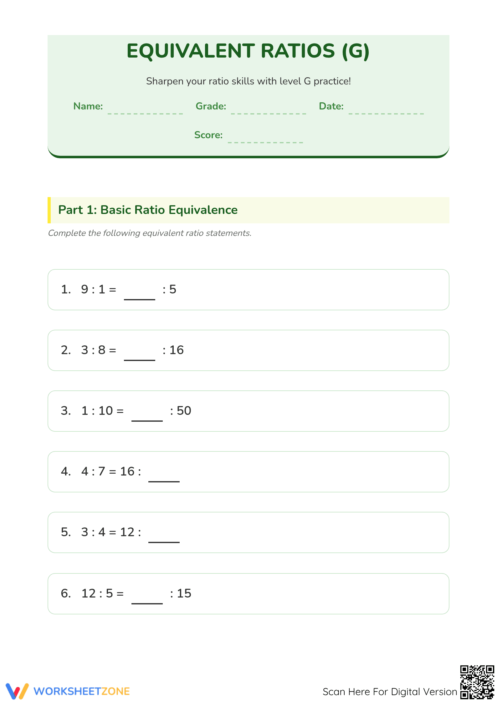 Equivalent Ratio Worksheet: Grade 5 Essential Practice - Page 1