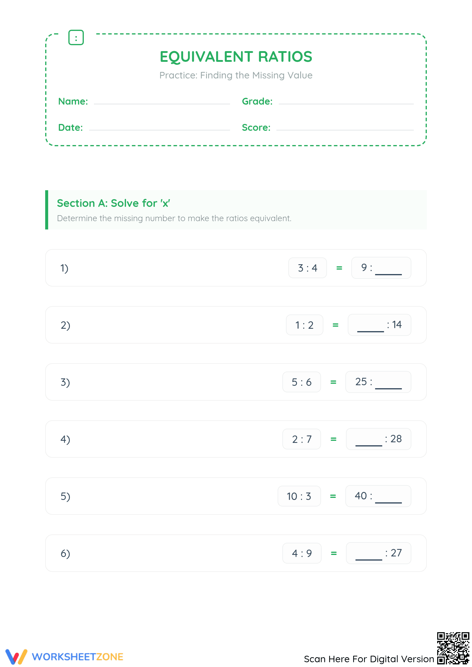 Essential Equivalent Ratios Worksheet | Grades 3-5 Math - Page 1