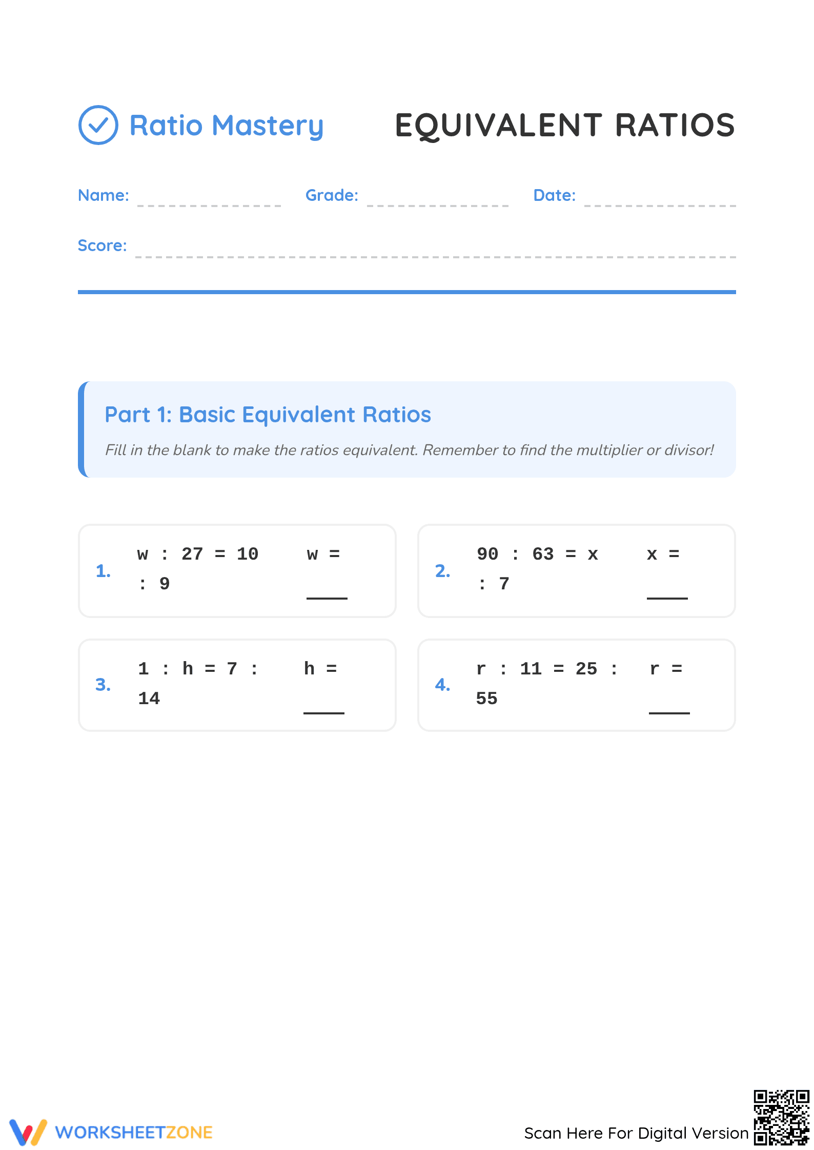 Printable Equivalent Ratios Worksheet | Grade 5 Math - Page 1