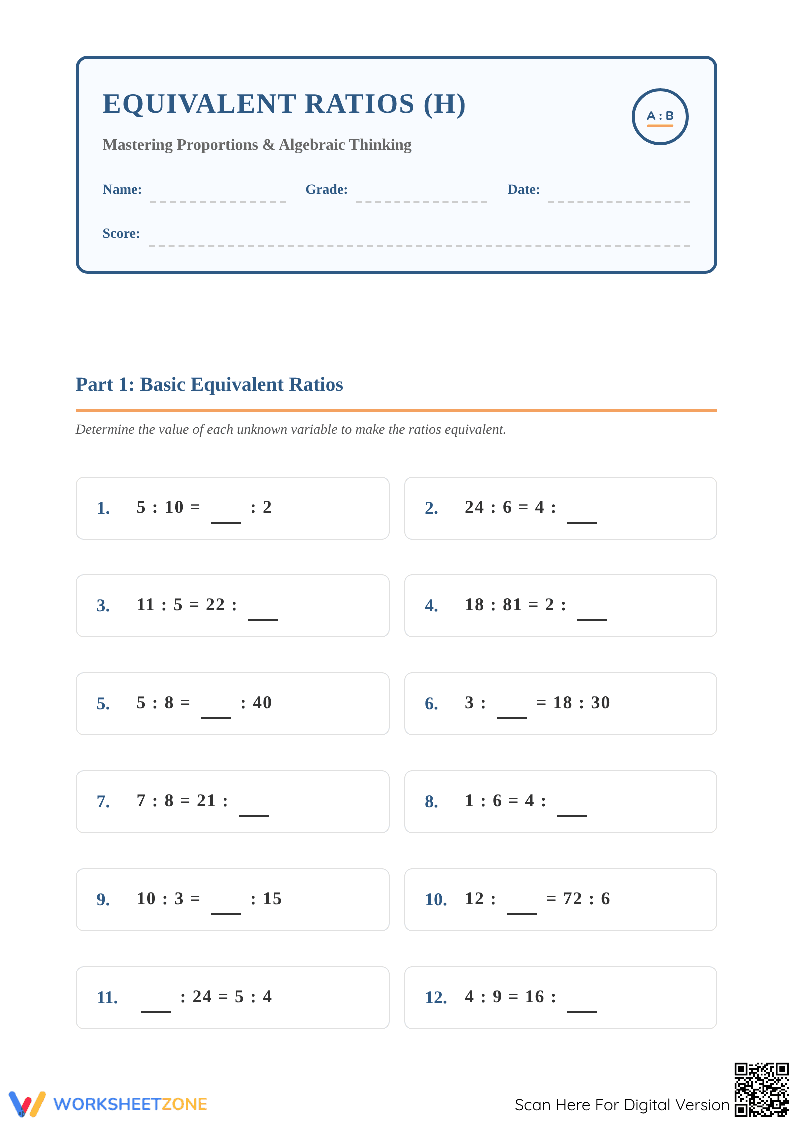 Printable Equivalent Ratios Worksheet | Grade 6 Math - Page 1