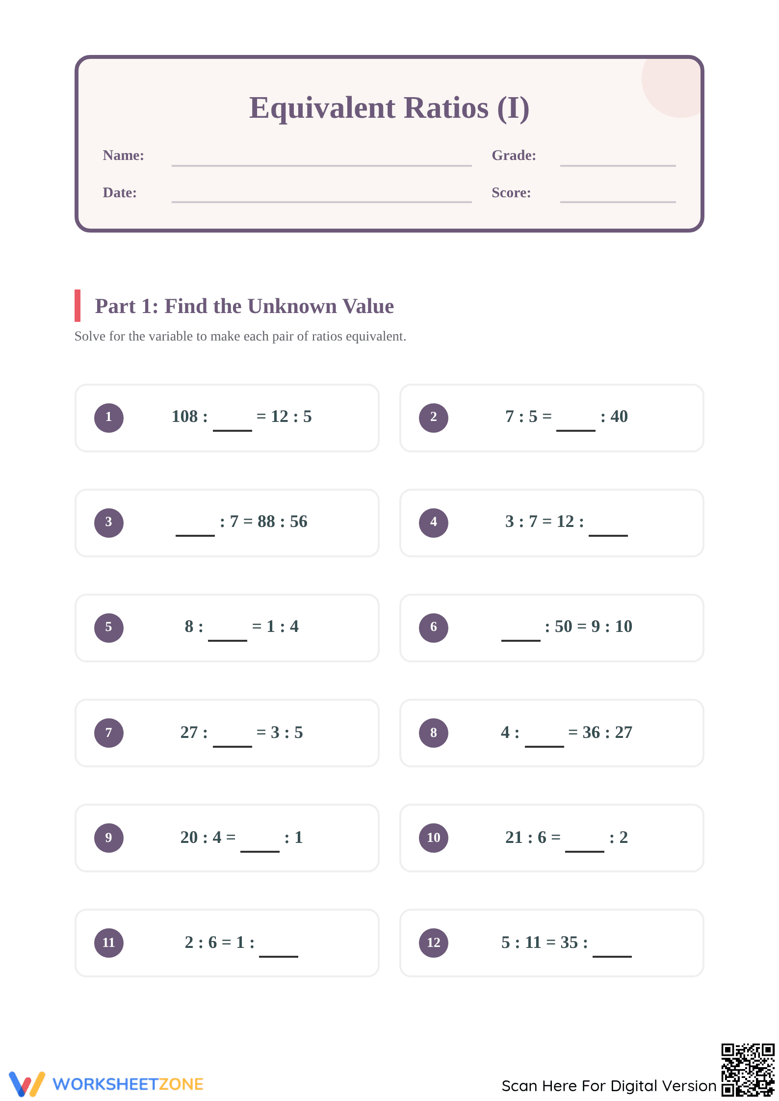 Essential Grade 5 Equivalent Ratios Worksheet | Math Practice - Page 1