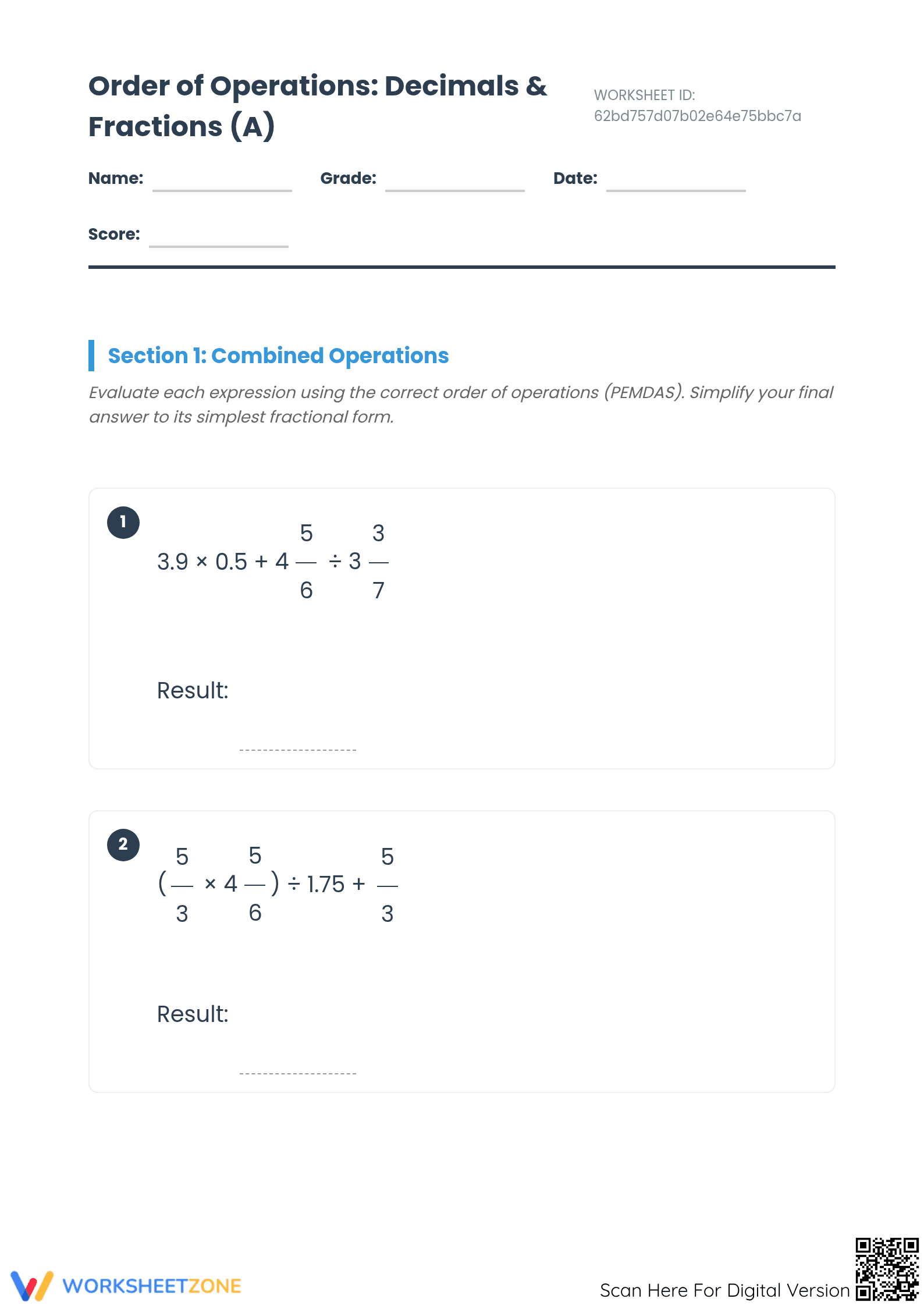Essential Order of Operations with Fractions and Decimals - Page 1