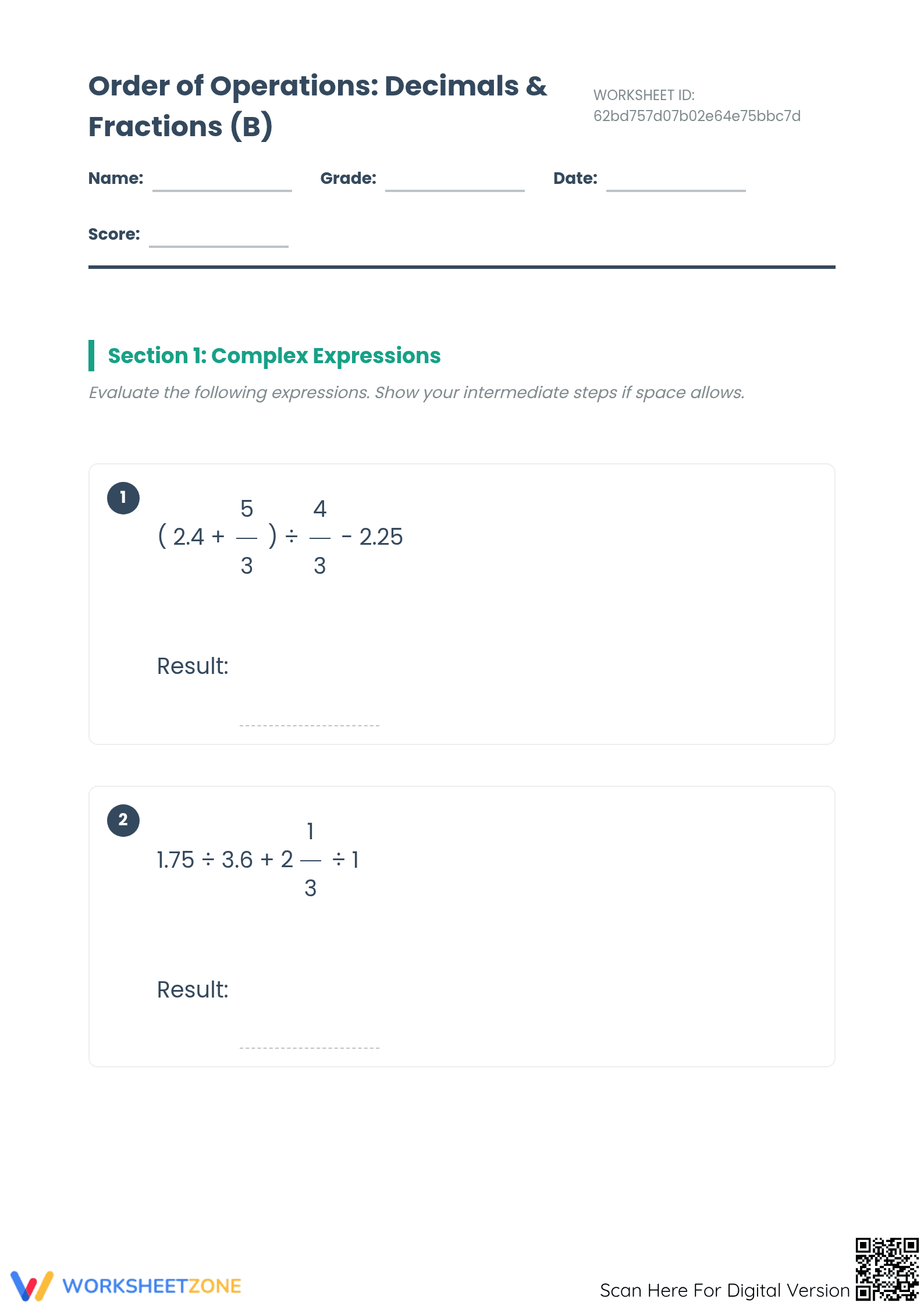 Essential Order of Operations: Fractions & Decimals (2) - Page 1