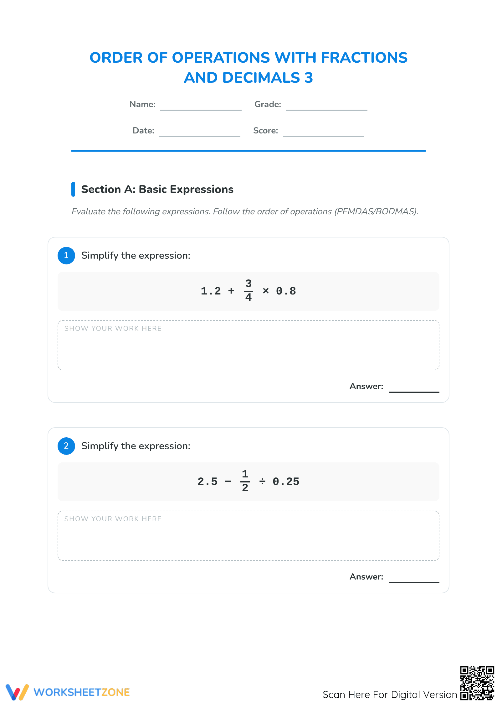 Essential Order of Operations: Fractions and Decimals - Page 1