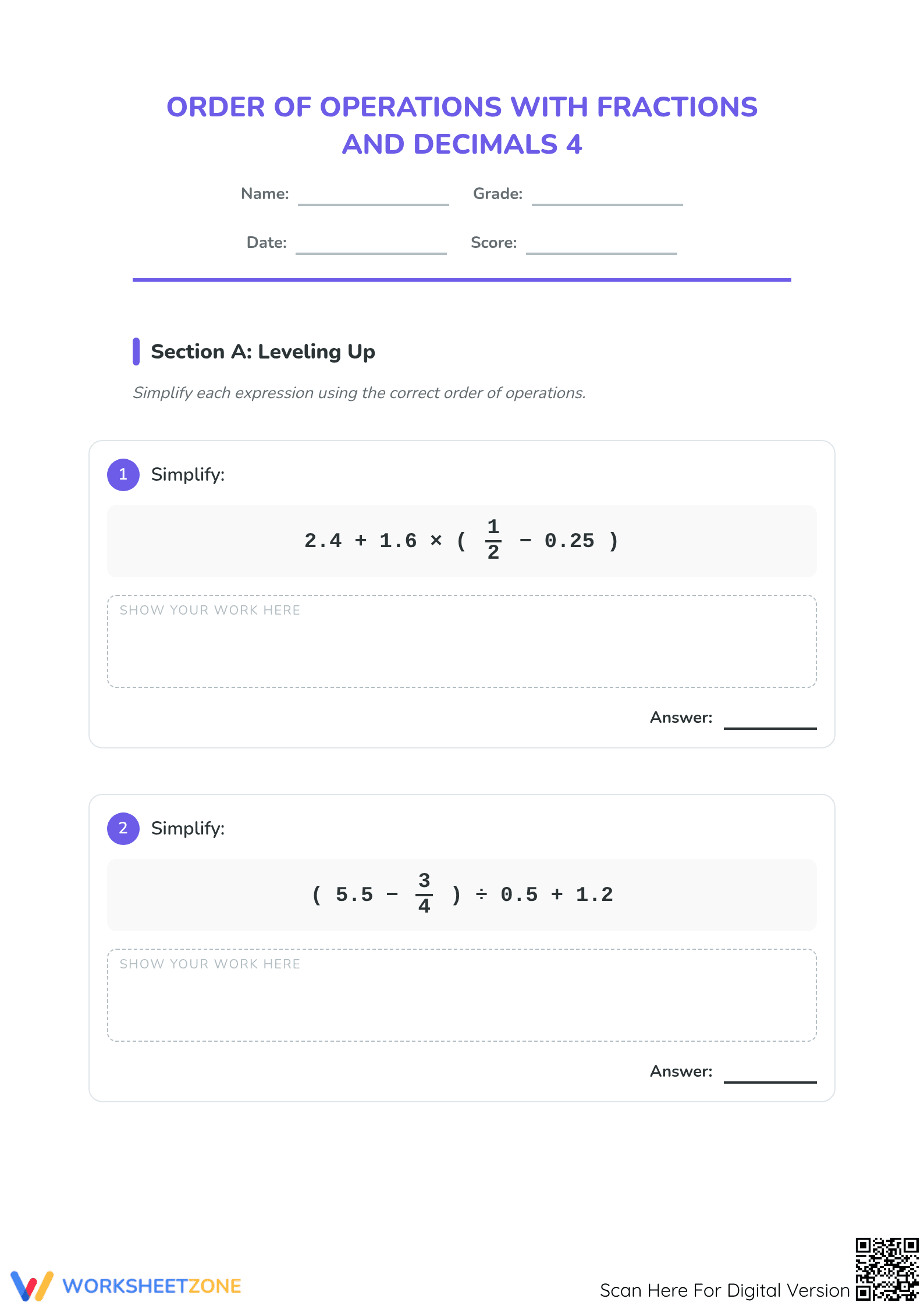 Essential Grade 7 Order of Operations Fractions Worksheet - Page 1