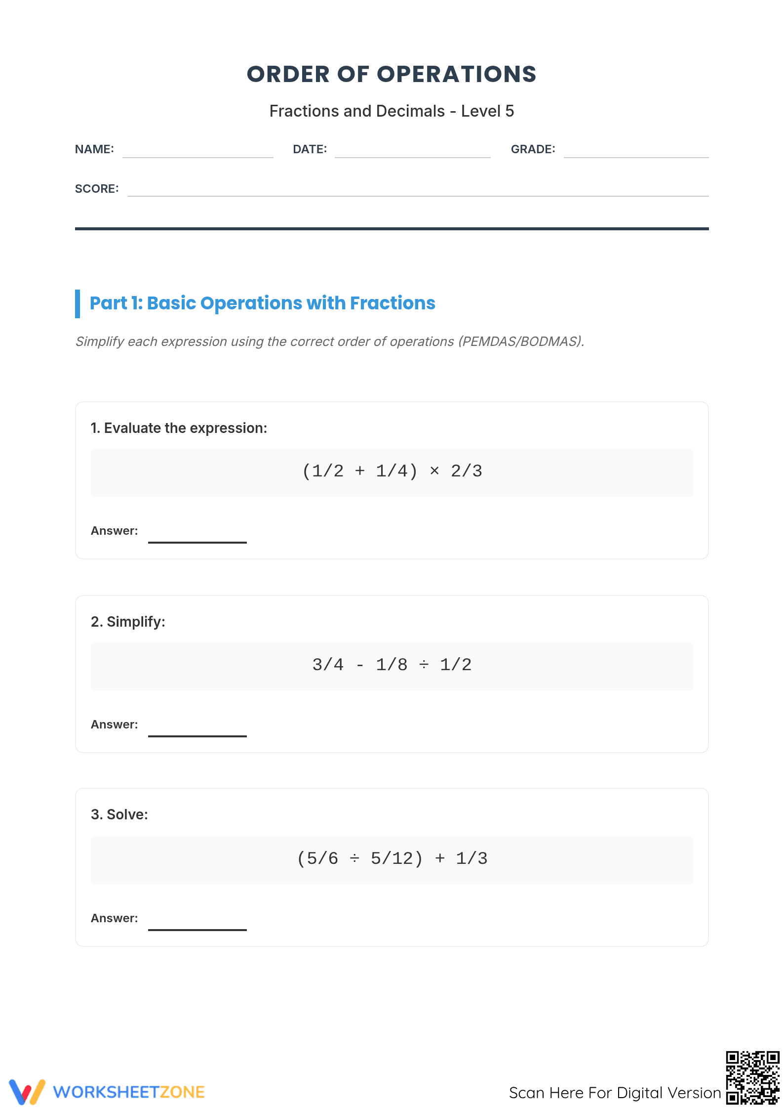 Order of Operations Worksheet | Grade 7 Math Essential - Page 1