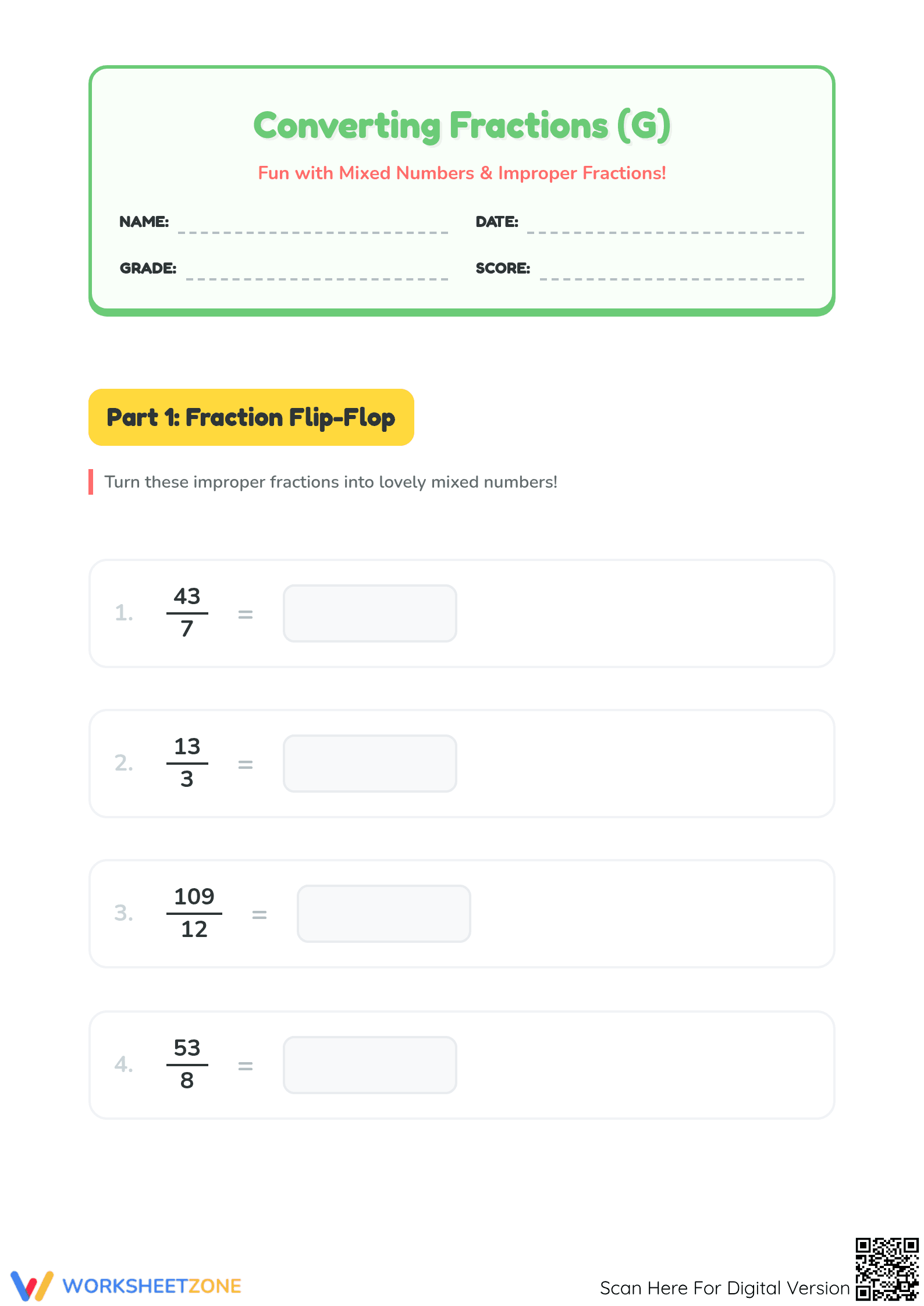 Grade 3 Mixed Fractions — Printable No-Prep Worksheet - Page 1