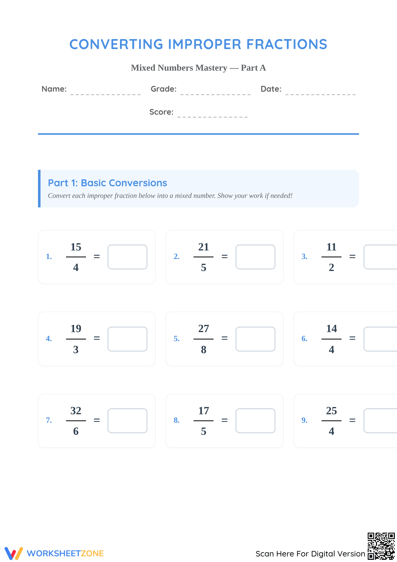 Essential Grade 3 Improper Fractions to Mixed Numbers - Page 1