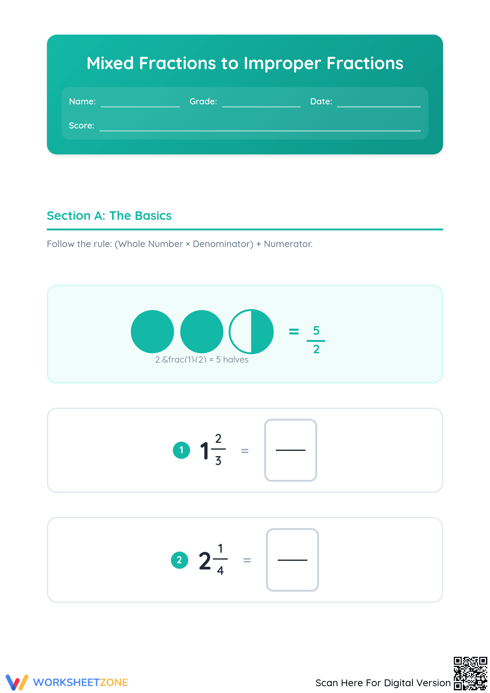 Mixed Fractions to Improper Fractions | Printable Grade 3 - Page 1
