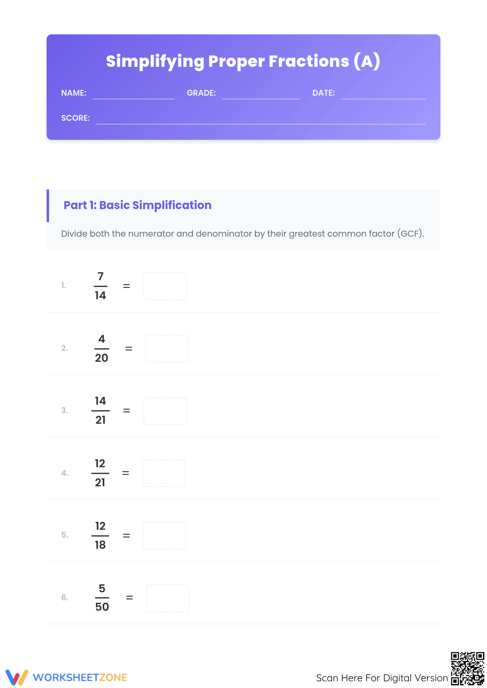 Printable Simplifying Fractions Worksheet | Grade 4-6 - Page 1