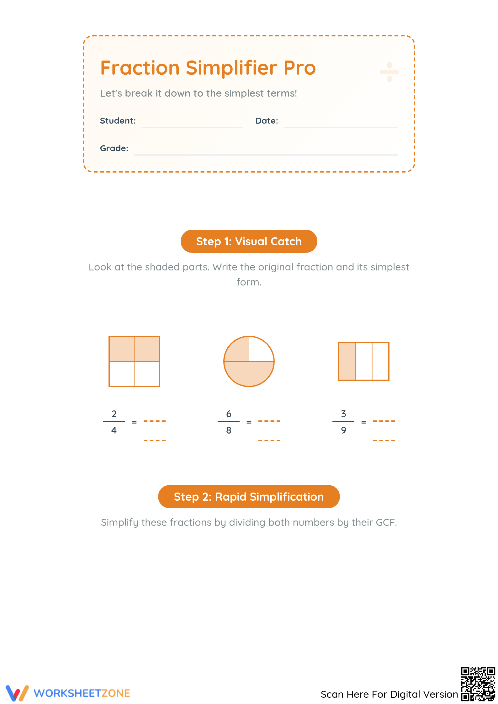 Printable Simplifying Fractions Worksheet | Grade 4-6 Math - Page 1