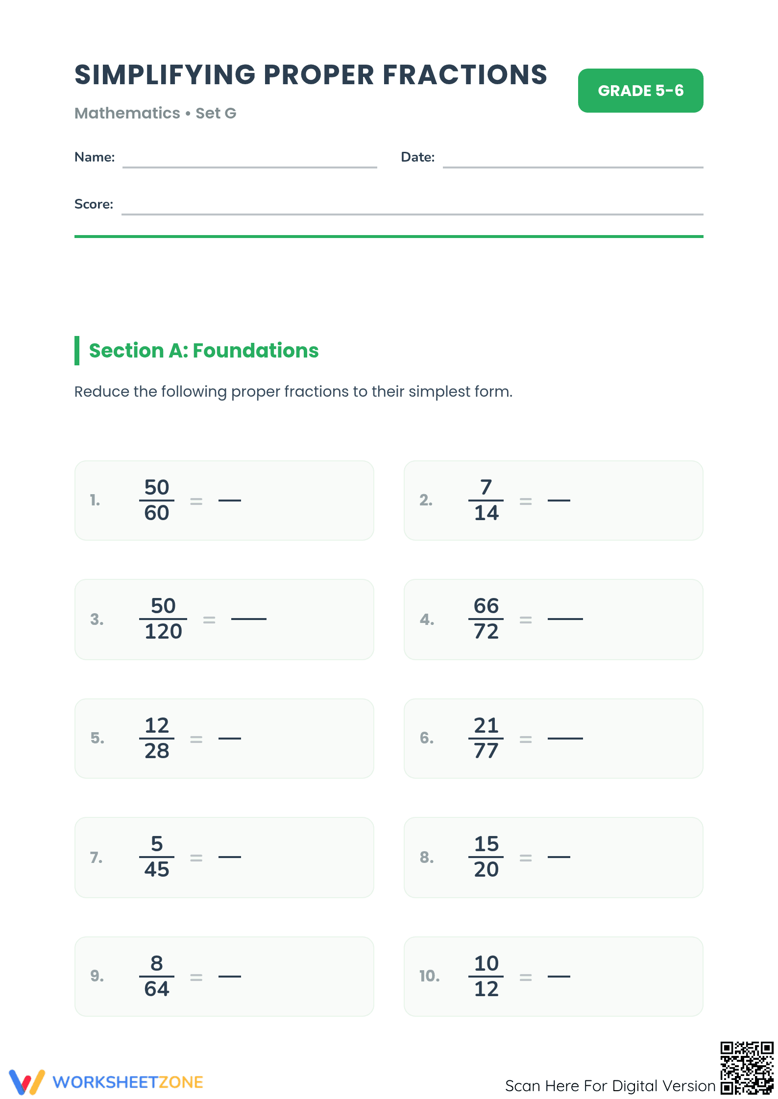 Printable Simplifying Fractions | Grade 5-6 Math - Page 1