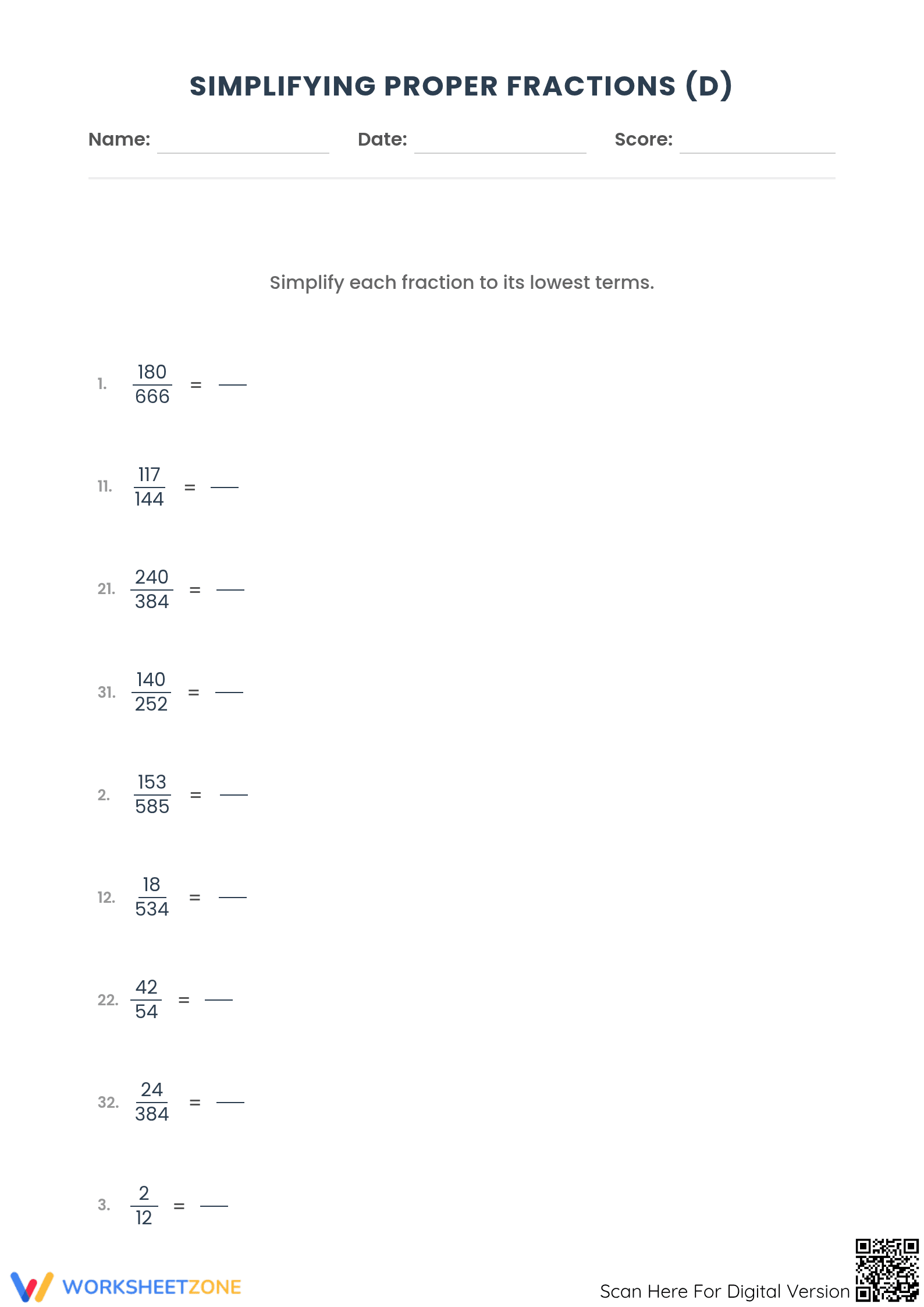 Simplify Proper Fractions (Hard) Worksheet | Grade 4–6 Ready - Page 1