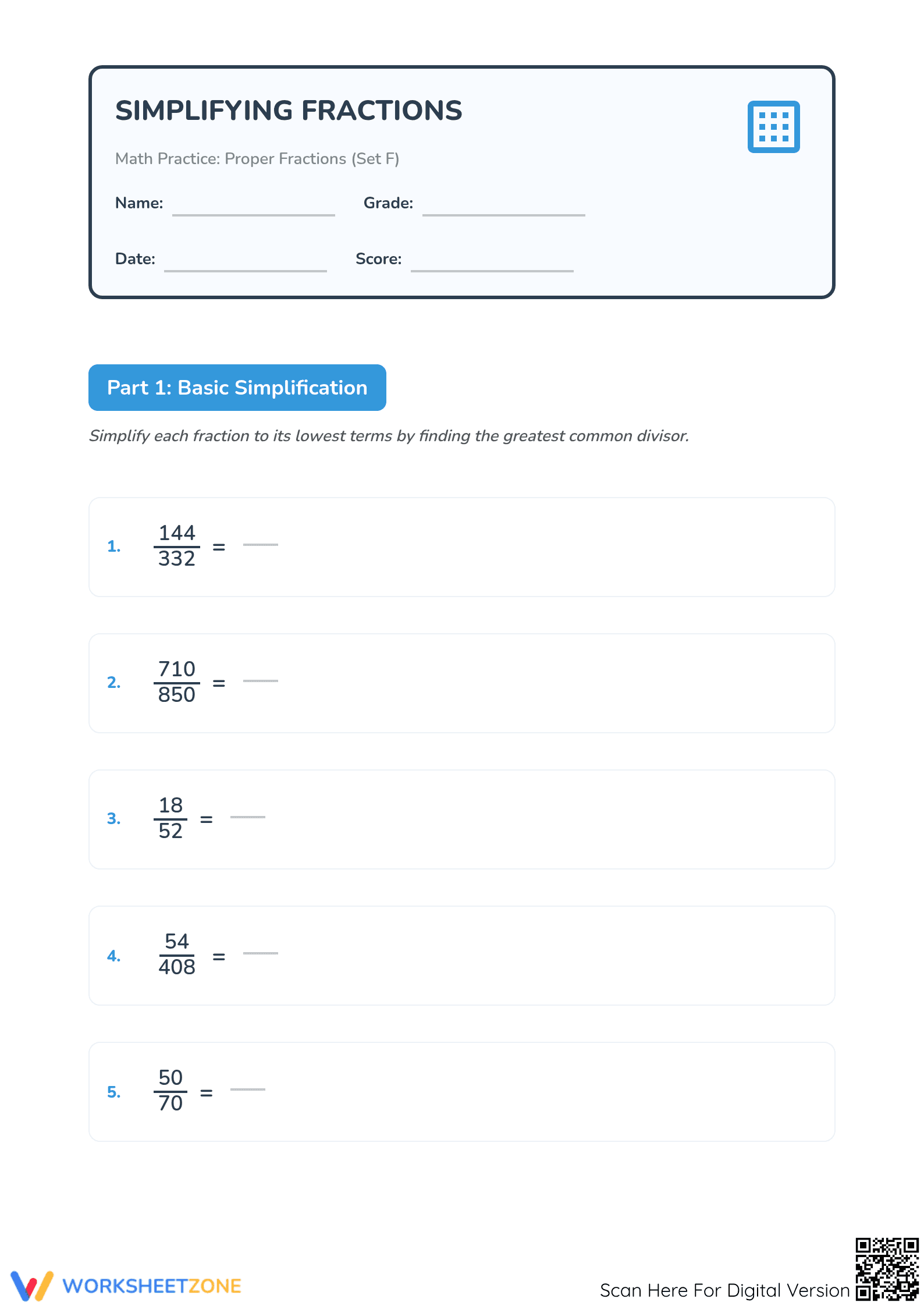 Essential Simplifying Fractions Practice | Grades 4-8 - Page 1