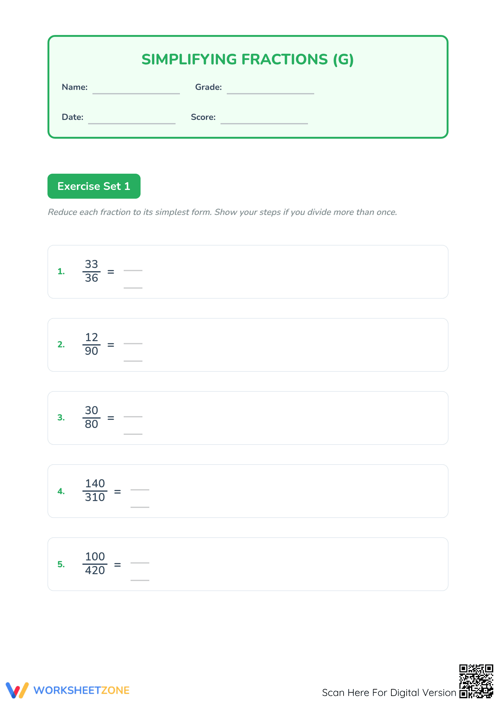 4.NF.A.1 Worksheet: Simplify Fractions — Grade 4-6 Aligned - Page 1