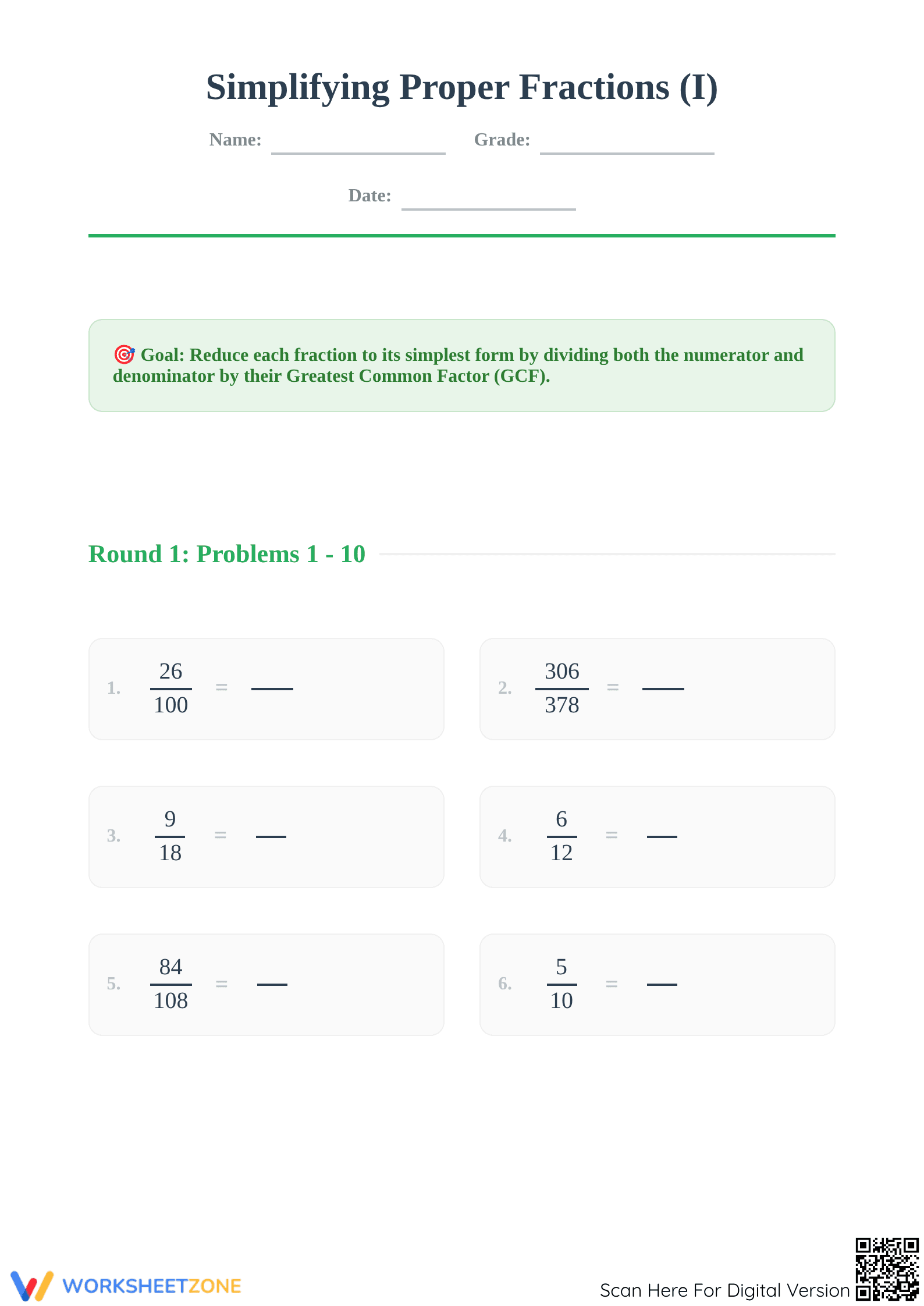 Printable Simplifying Fractions Hard Worksheet | Grade 4-6 - Page 1