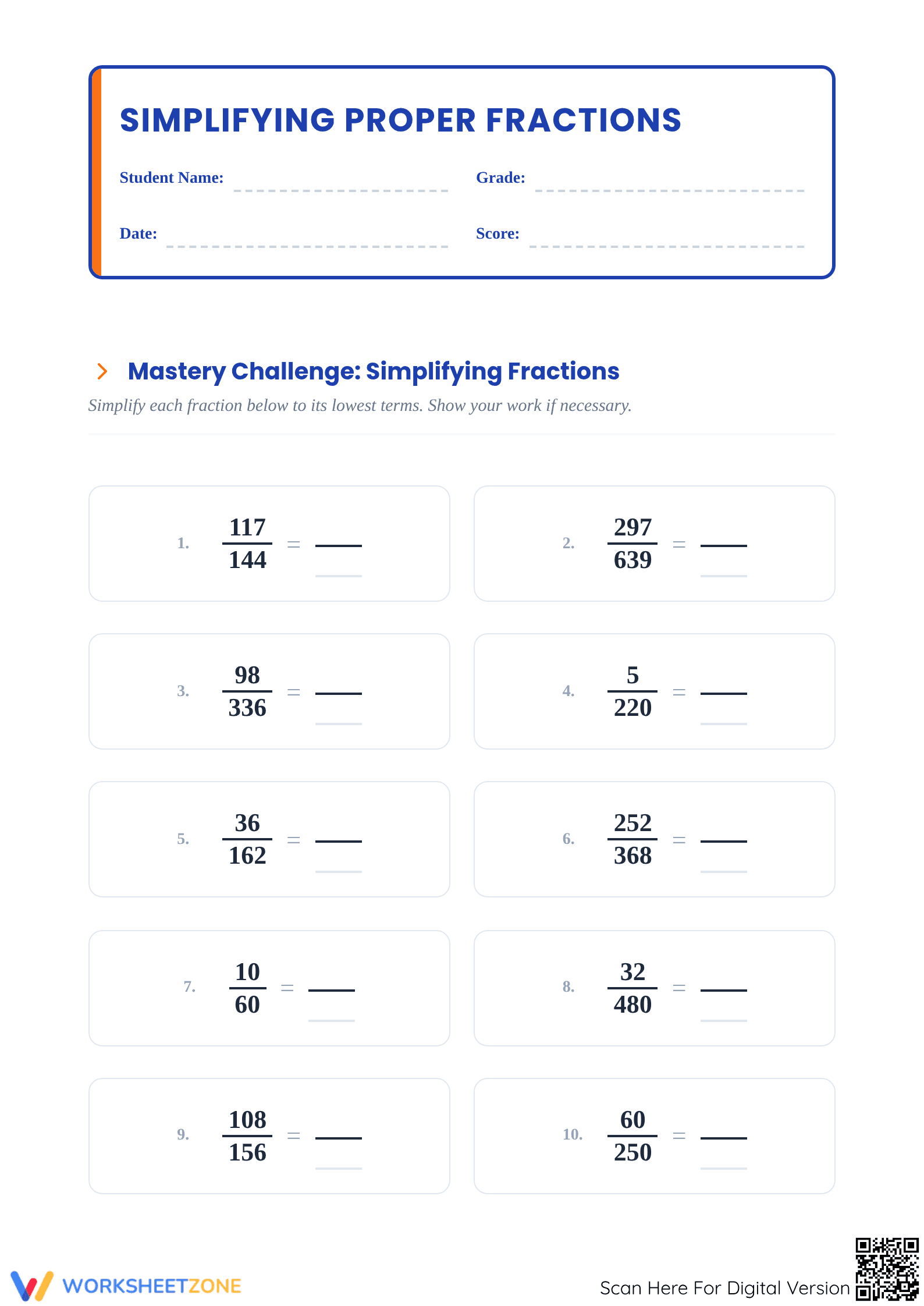 Printable Simplifying Fractions Worksheet | Grade 5-8 Math - Page 1
