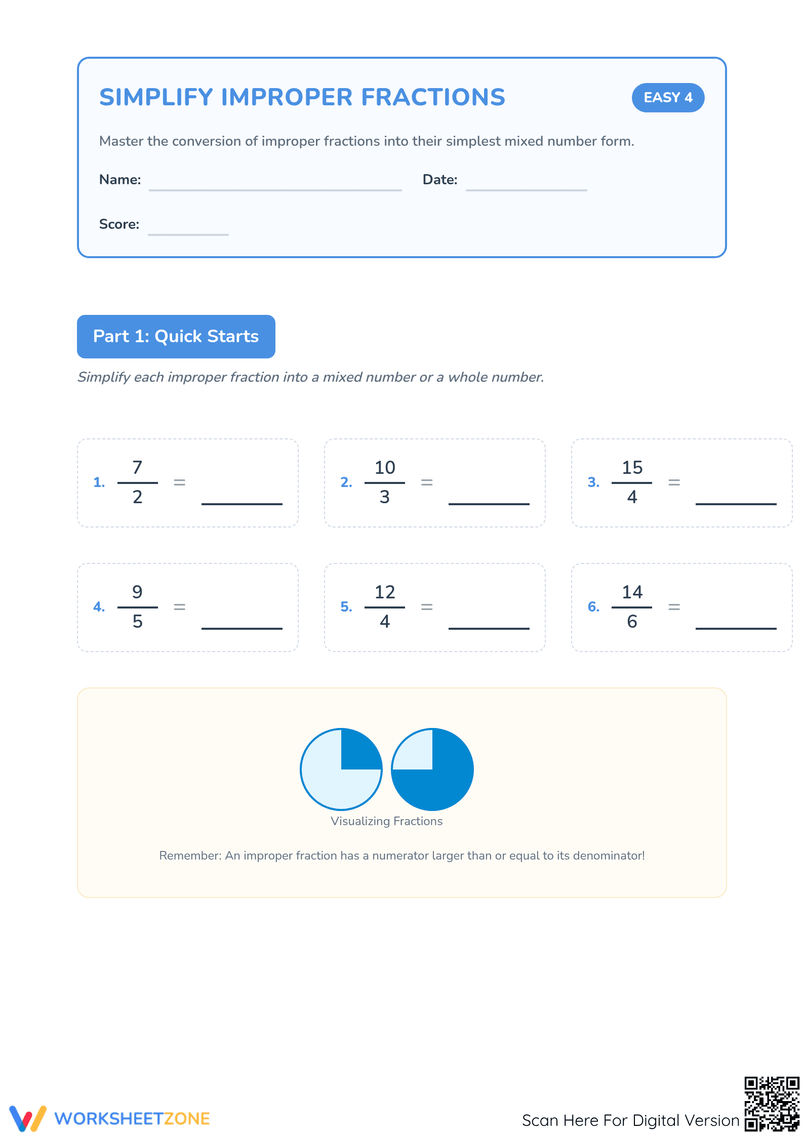 Essential Simplify Improper Fractions Worksheet | Grade 4 - Page 1