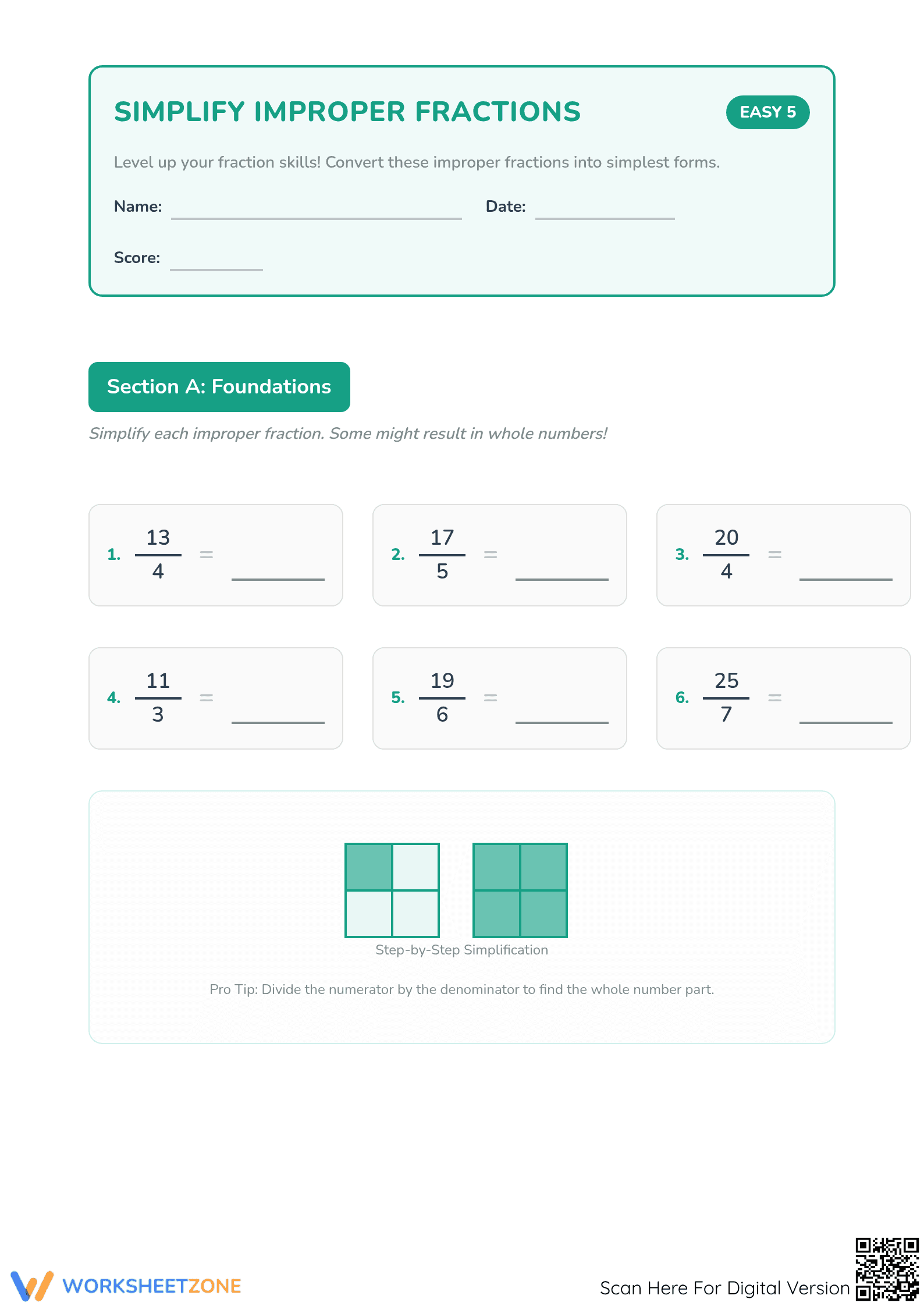 Essential Improper Fractions Worksheet | Grade 4-5 Math - Page 1