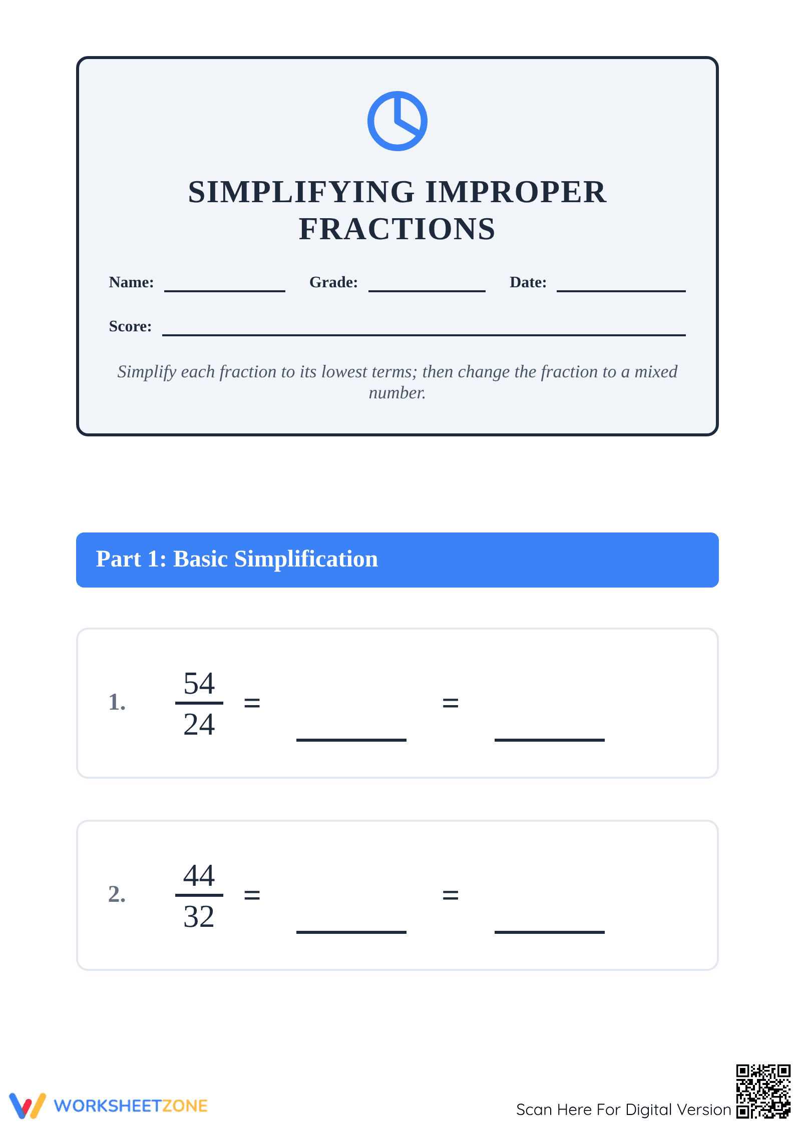 Essential Grade 4 Simplifying Improper Fractions Worksheet - Page 1