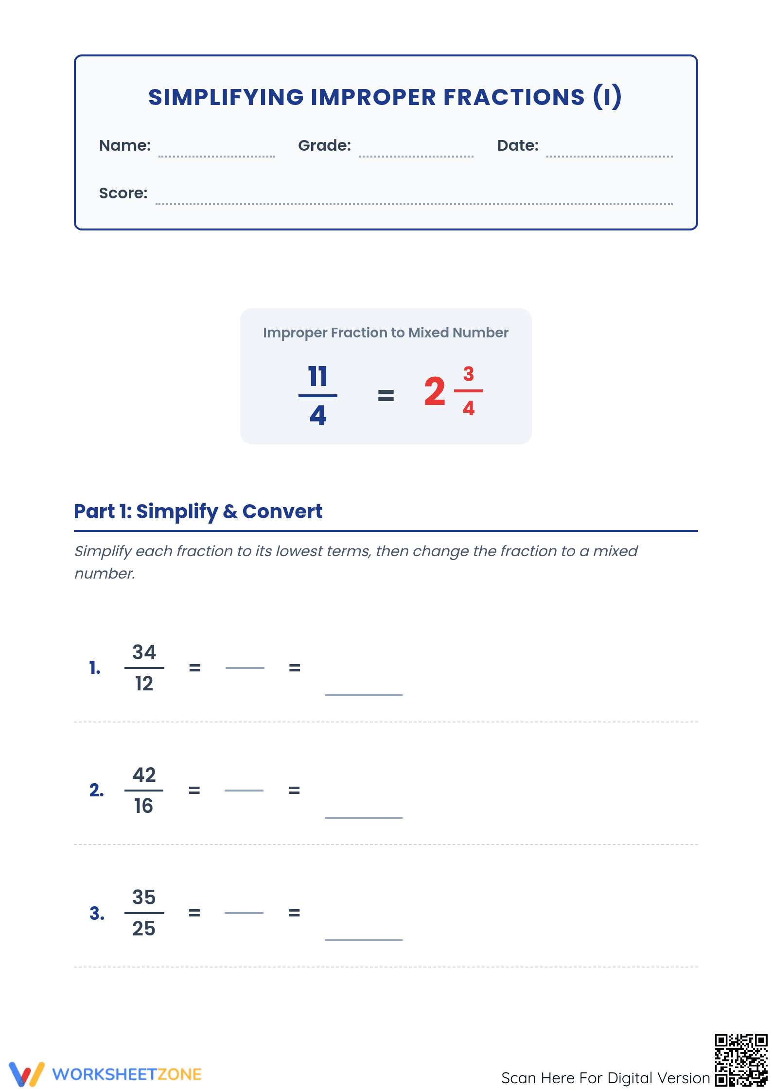 Essential Simplifying Improper Fractions Worksheet | Grade 5 - Page 1
