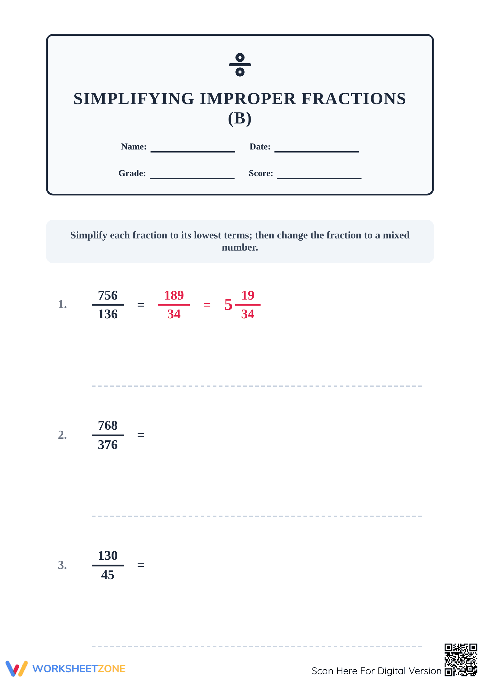 Printable Worksheet: Simplifying Improper Fractions (Grade 5) - Page 1